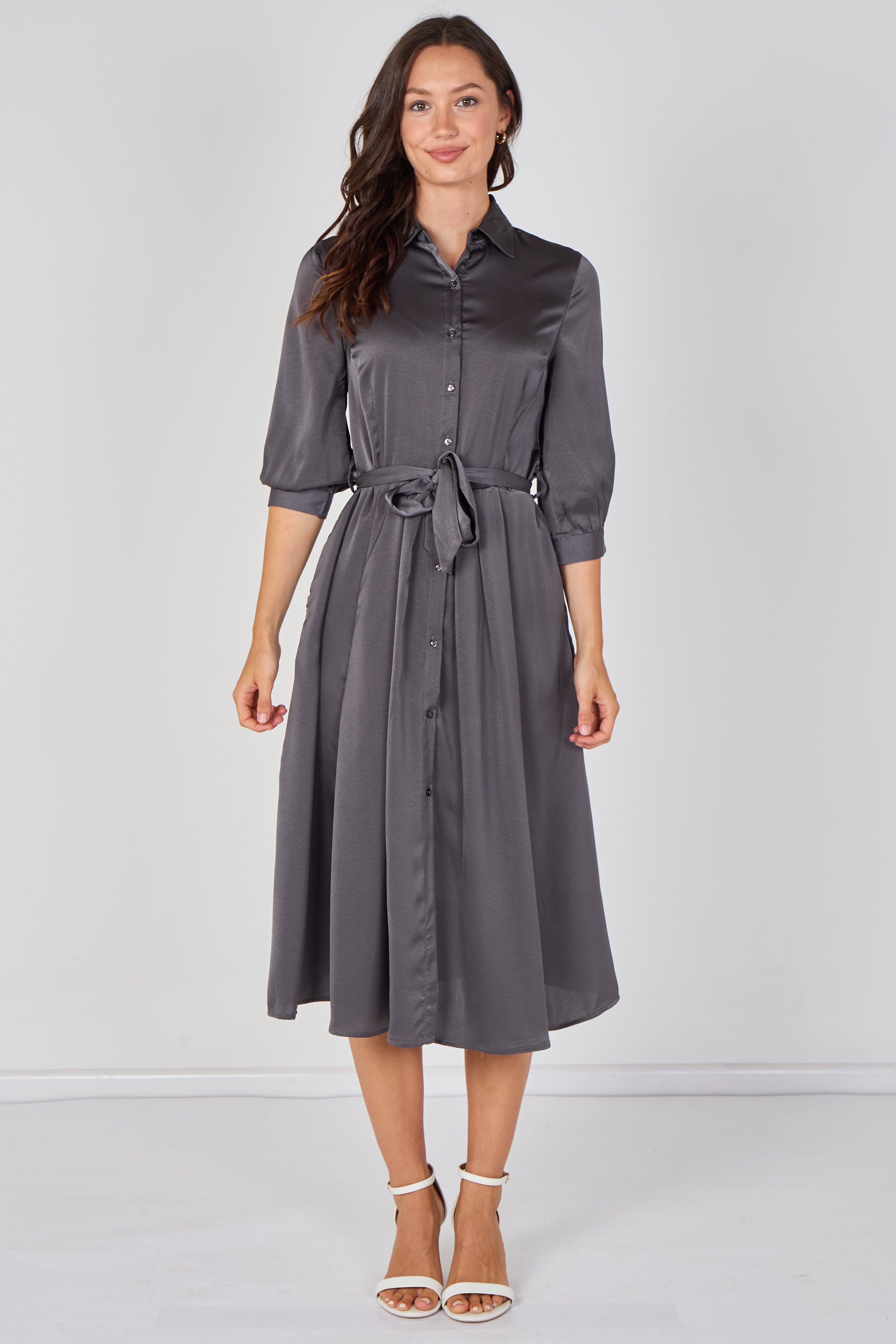 8Pcs Plain Grey Velvety Satin Belted Midi Shirt Dress