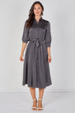 8Pcs Plain Grey Velvety Satin Belted Midi Shirt Dress