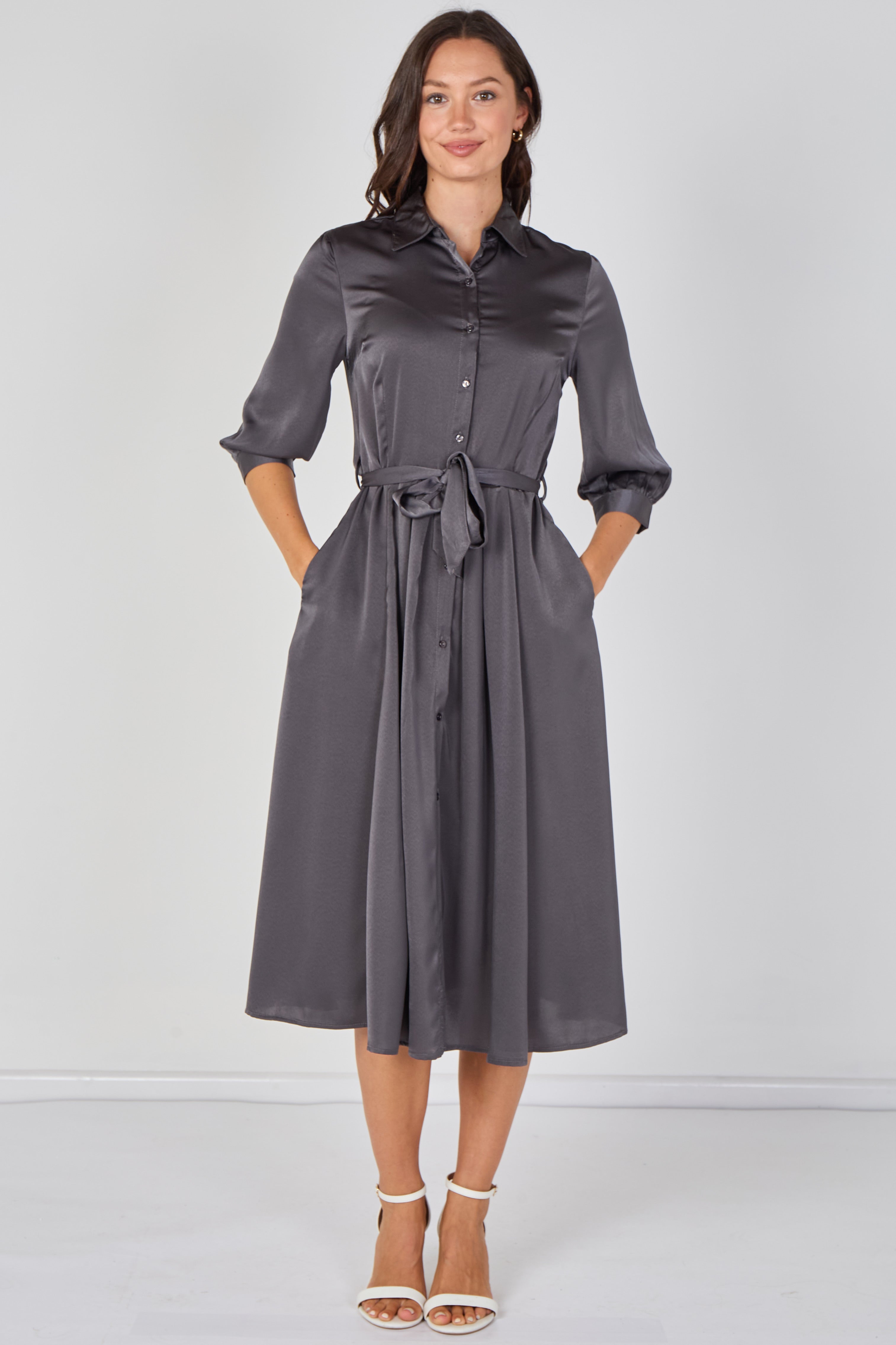 8Pcs Plain Grey Velvety Satin Belted Midi Shirt Dress