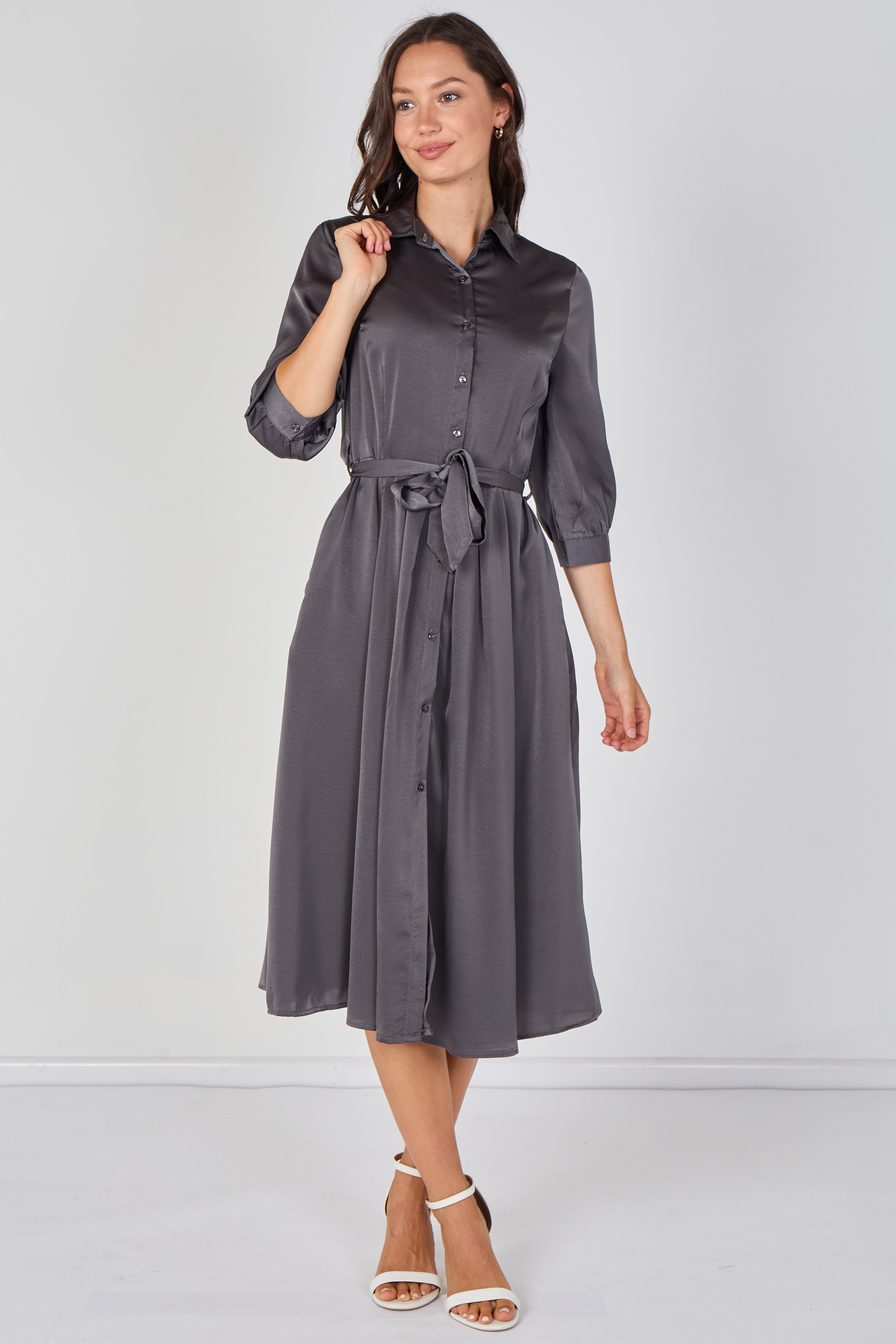 8Pcs Plain Grey Velvety Satin Belted Midi Shirt Dress