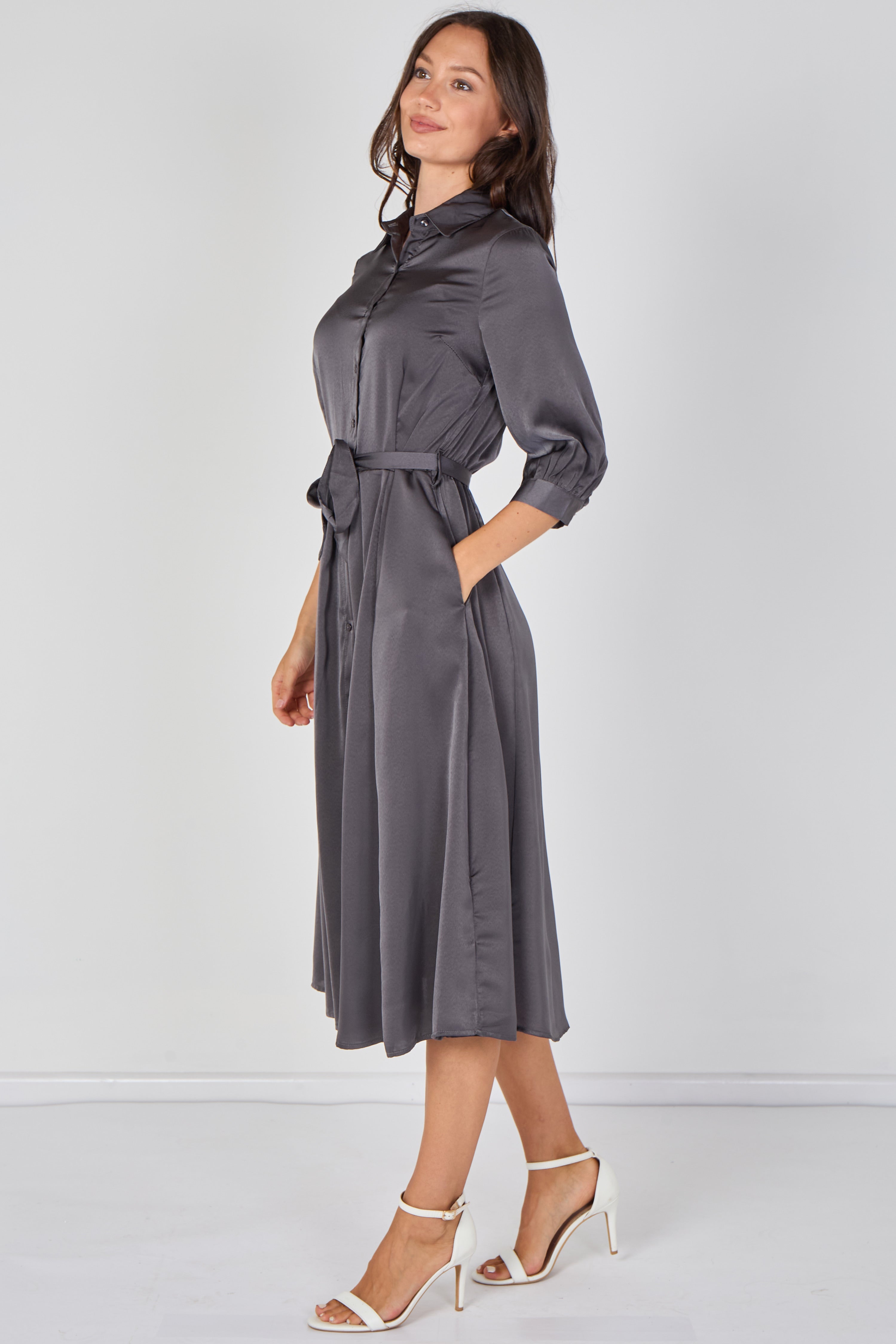 8Pcs Plain Grey Velvety Satin Belted Midi Shirt Dress