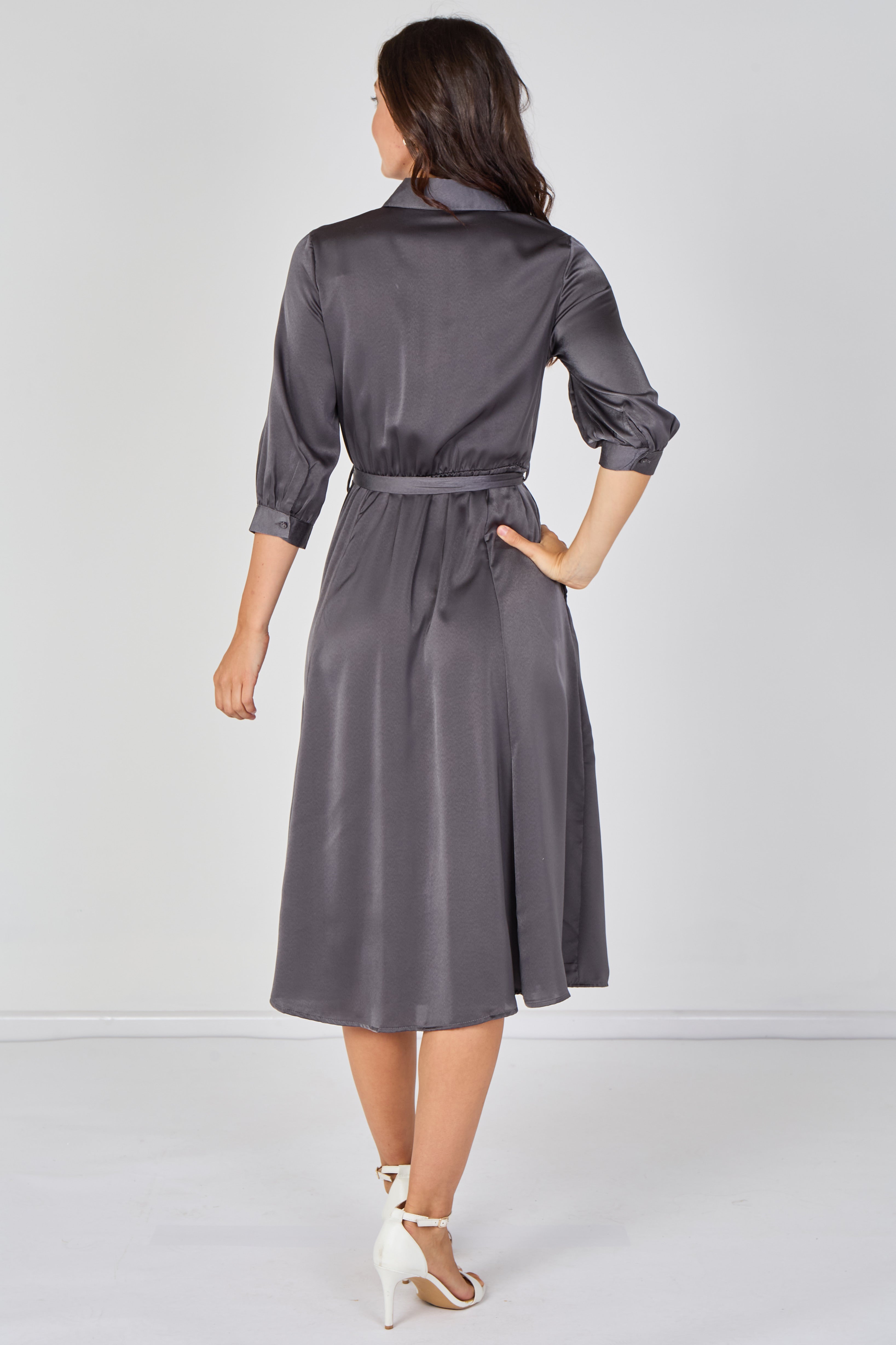 8Pcs Plain Grey Velvety Satin Belted Midi Shirt Dress