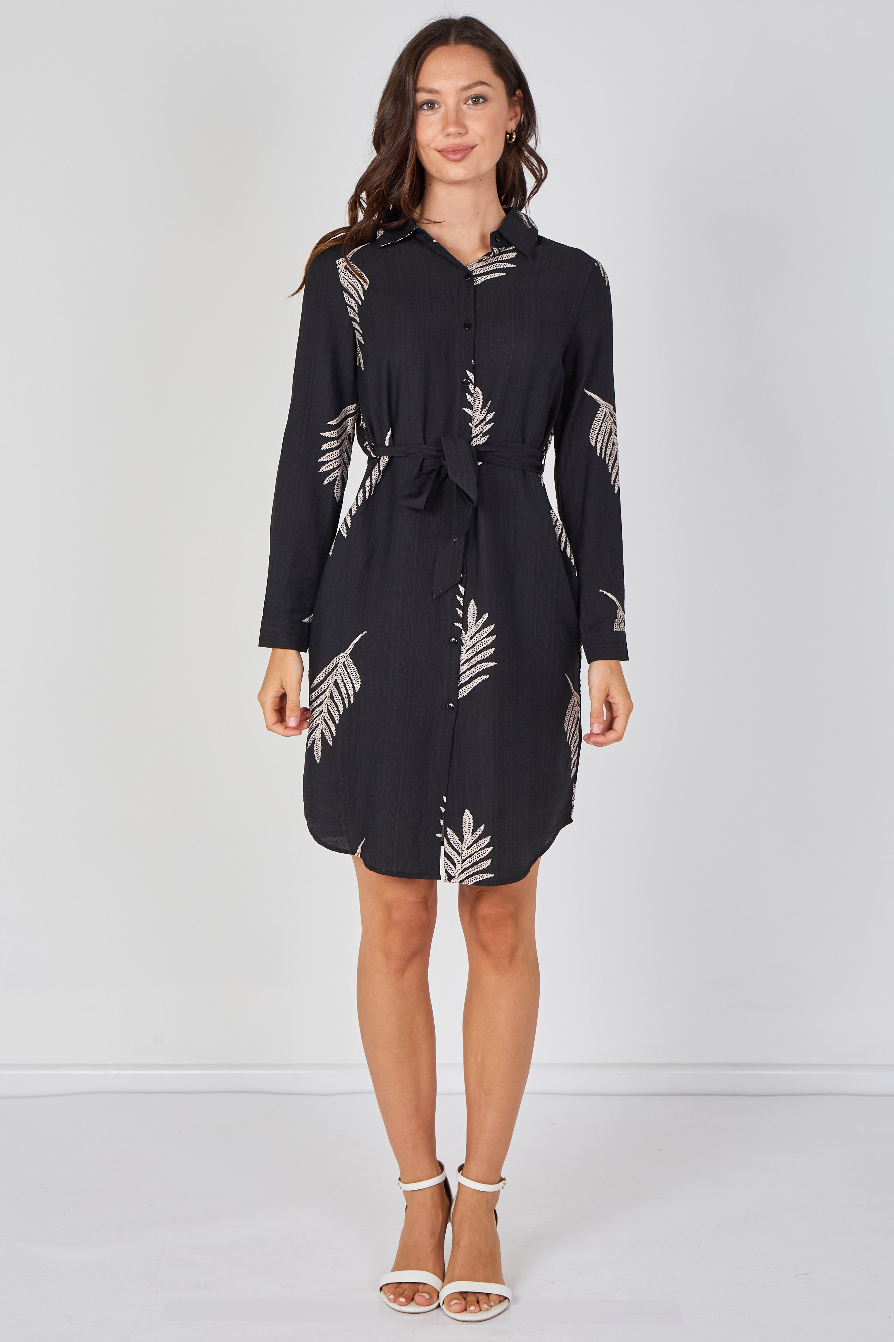 8Pcs Black Botanical Leaf Print Belted Shirt Dress