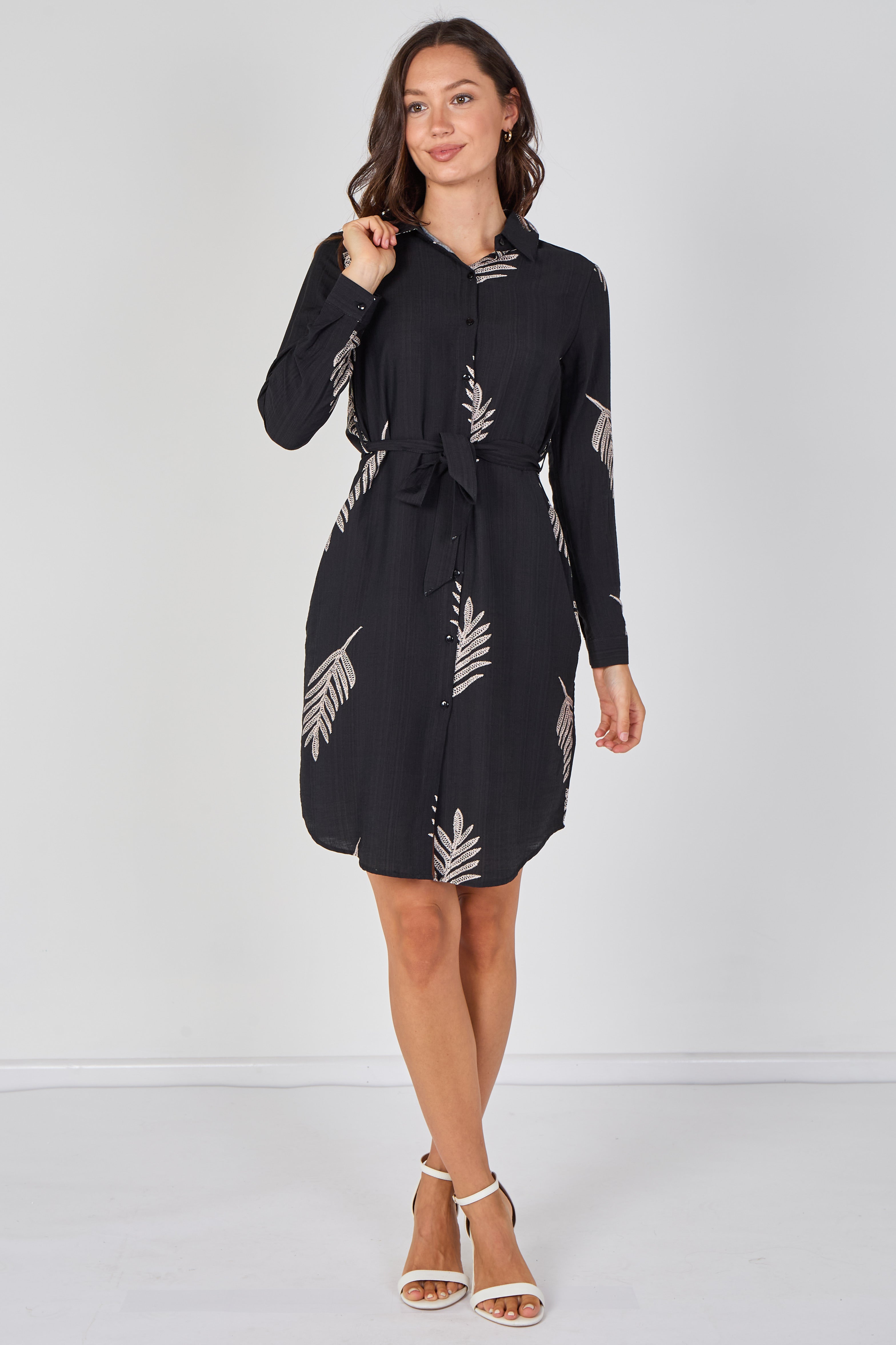 8Pcs Black Botanical Leaf Print Belted Shirt Dress