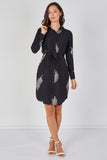 8Pcs Black Botanical Leaf Print Belted Shirt Dress