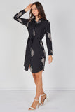 8Pcs Black Botanical Leaf Print Belted Shirt Dress