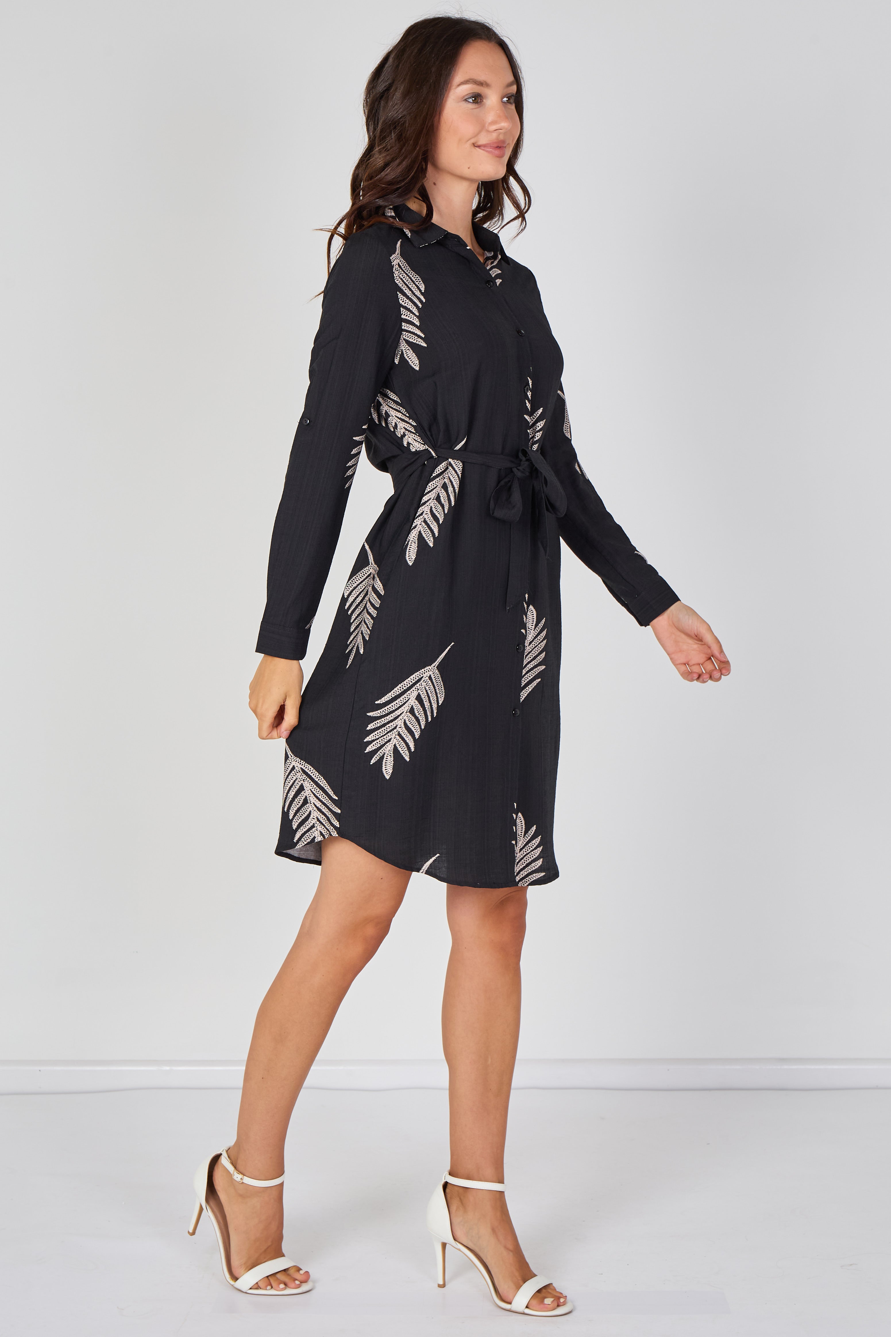 8Pcs Black Botanical Leaf Print Belted Shirt Dress