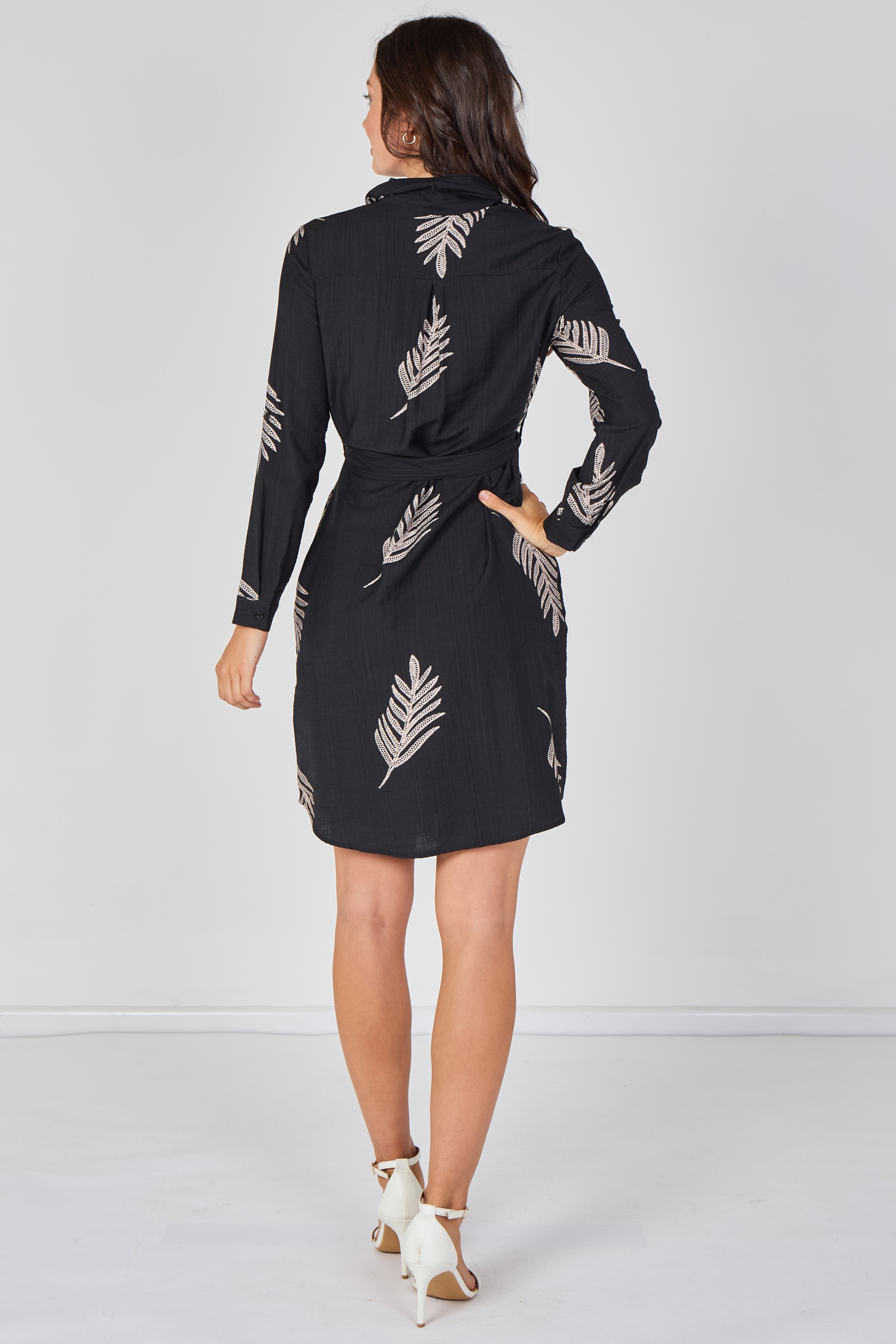 8Pcs Black Botanical Leaf Print Belted Shirt Dress