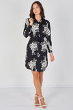 8Pcs Black Ivory Bouquet Print Belted Shirt Dress