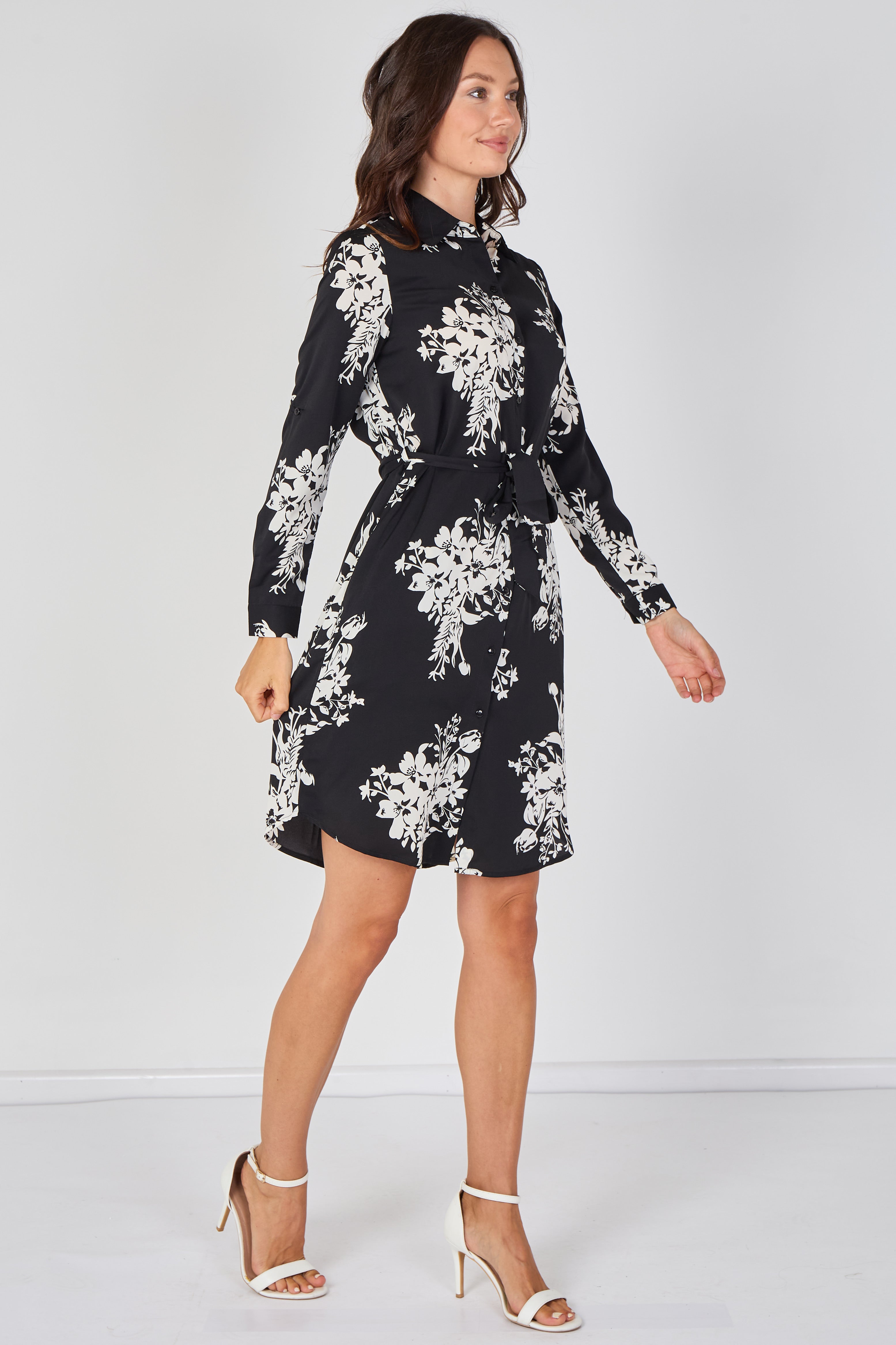 8Pcs Black Ivory Bouquet Print Belted Shirt Dress