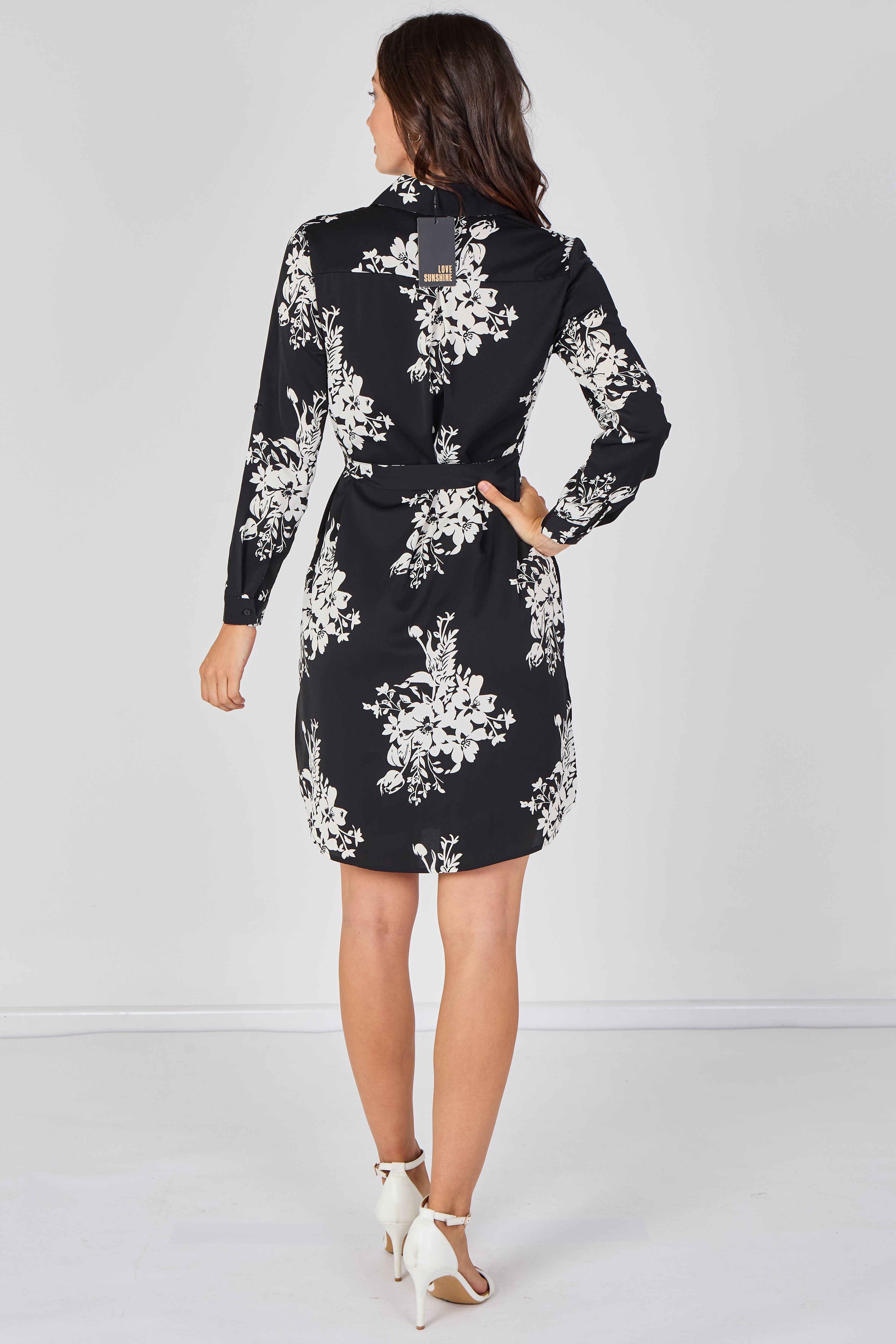 8Pcs Black Ivory Bouquet Print Belted Shirt Dress
