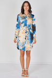 8Pcs Blue Watercolour Marble Print Belted Shirt Dress