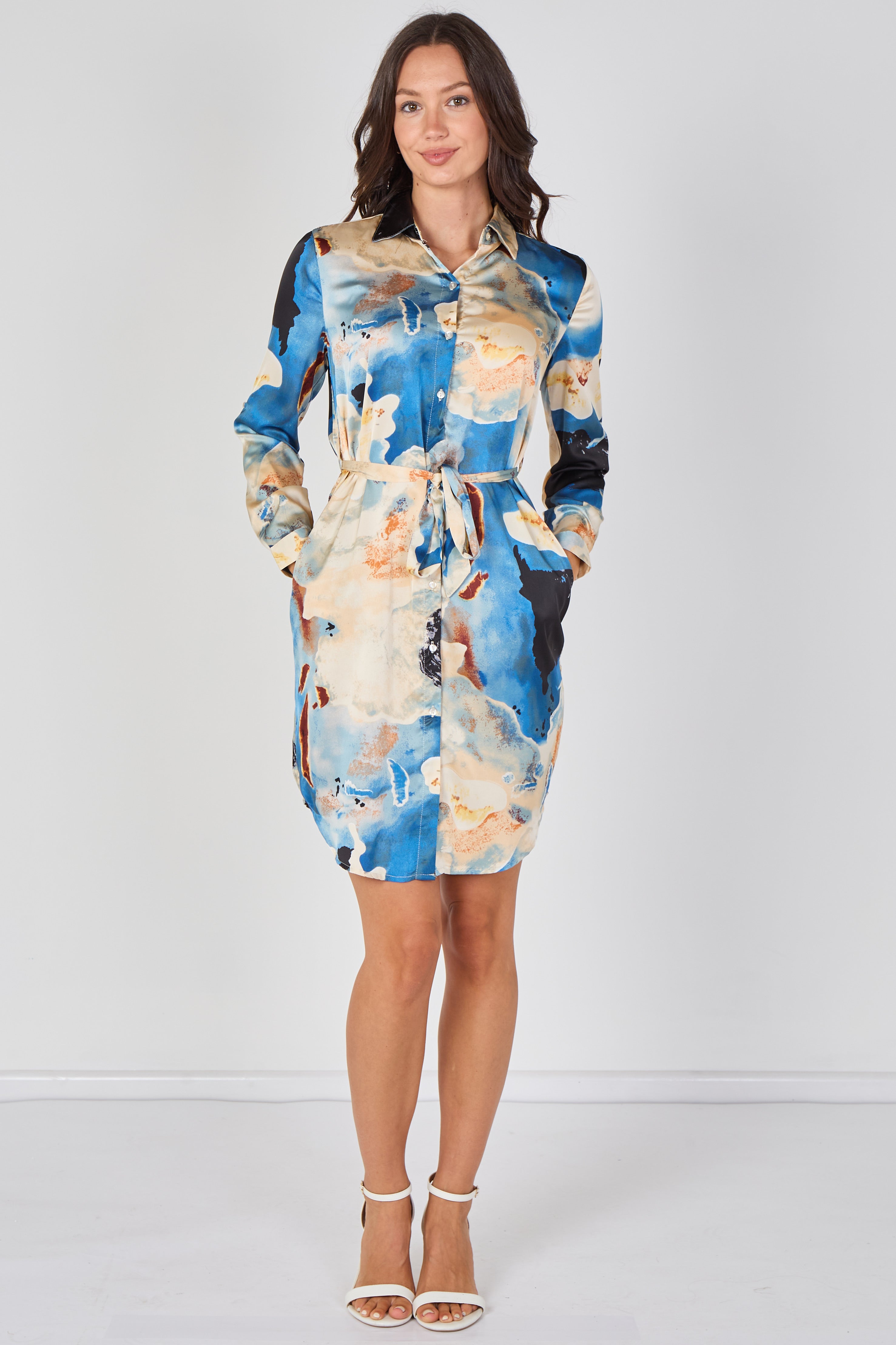 8Pcs Blue Watercolour Marble Print Belted Shirt Dress