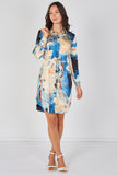 8Pcs Blue Watercolour Marble Print Belted Shirt Dress