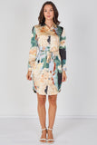 8Pcs Teal Watercolour Marble Print Belted Shirt Dress