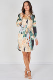 8Pcs Teal Watercolour Marble Print Belted Shirt Dress