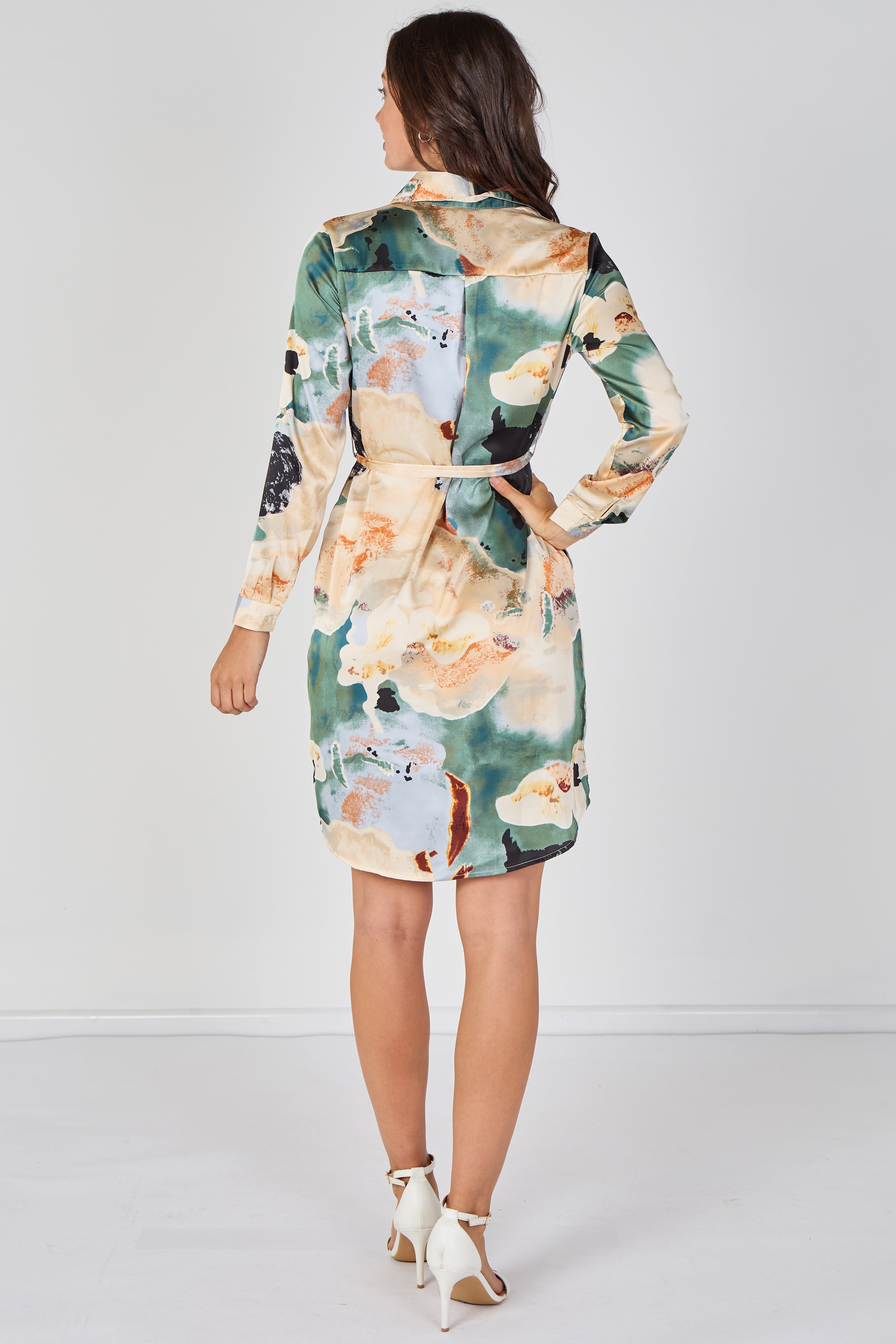 8Pcs Teal Watercolour Marble Print Belted Shirt Dress