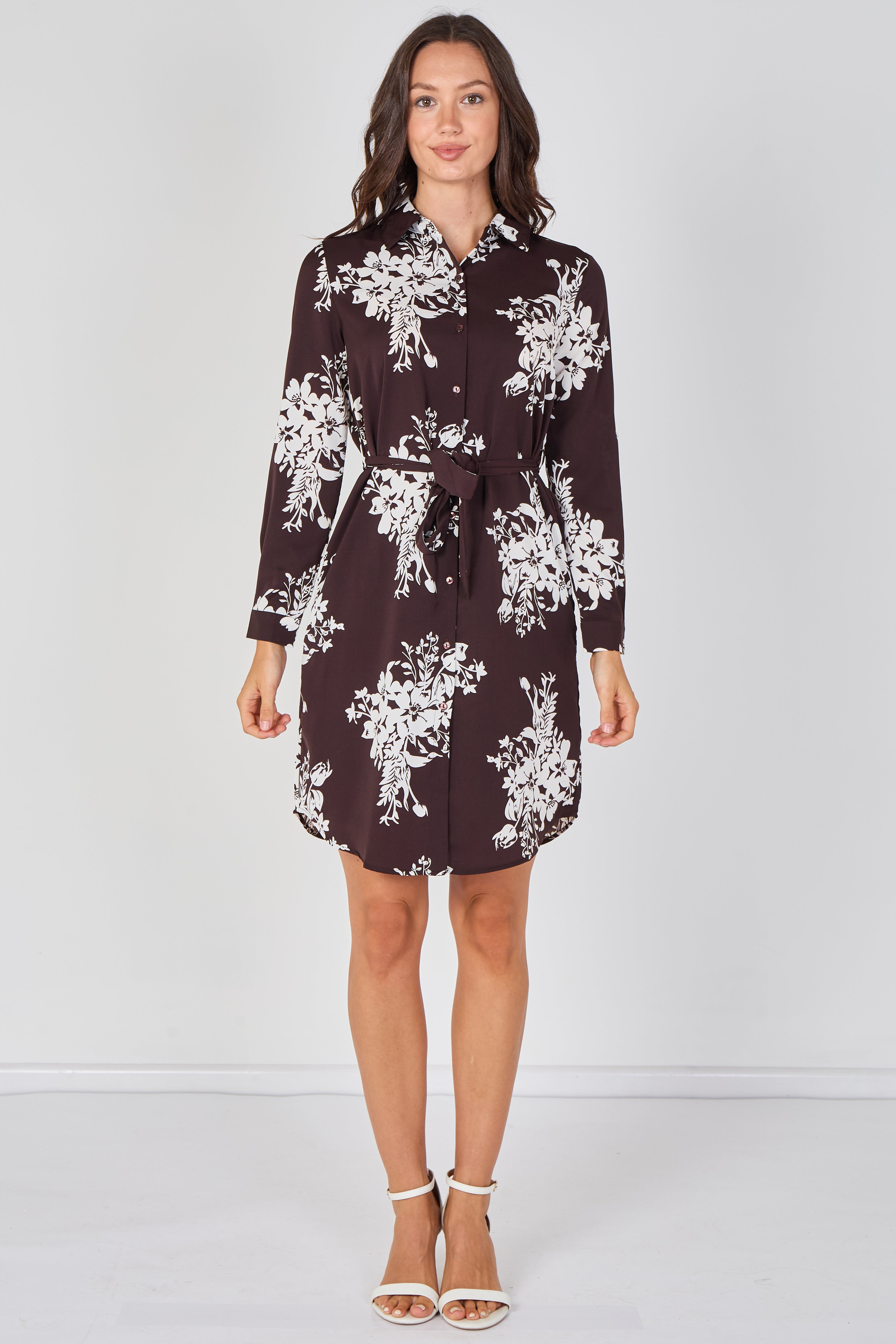 8Pcs Chocolate Ivory Bouquet Print Belted Shirt Dress