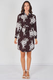 8Pcs Chocolate Ivory Bouquet Print Belted Shirt Dress