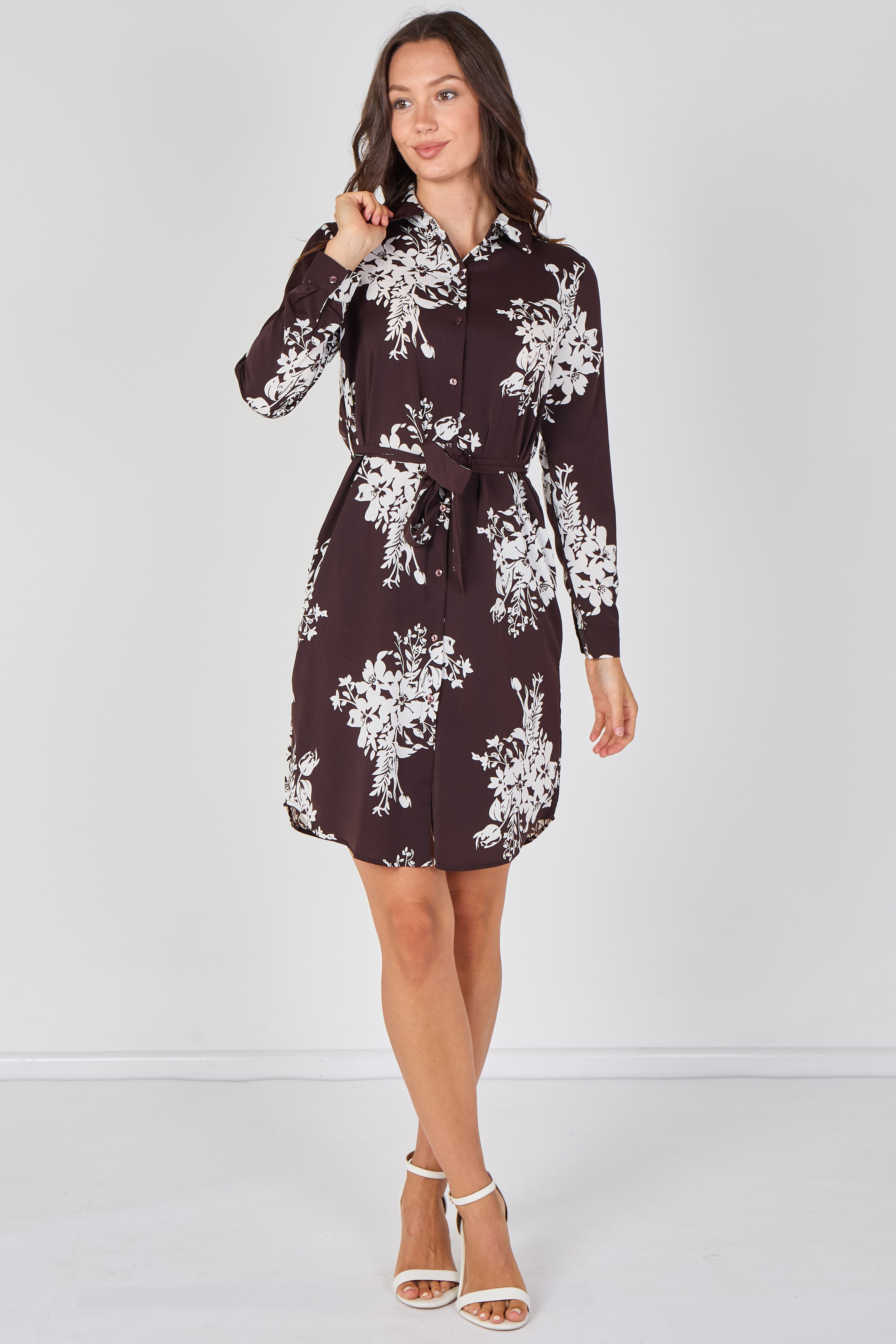 8Pcs Chocolate Ivory Bouquet Print Belted Shirt Dress