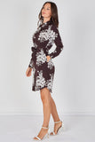 8Pcs Chocolate Ivory Bouquet Print Belted Shirt Dress
