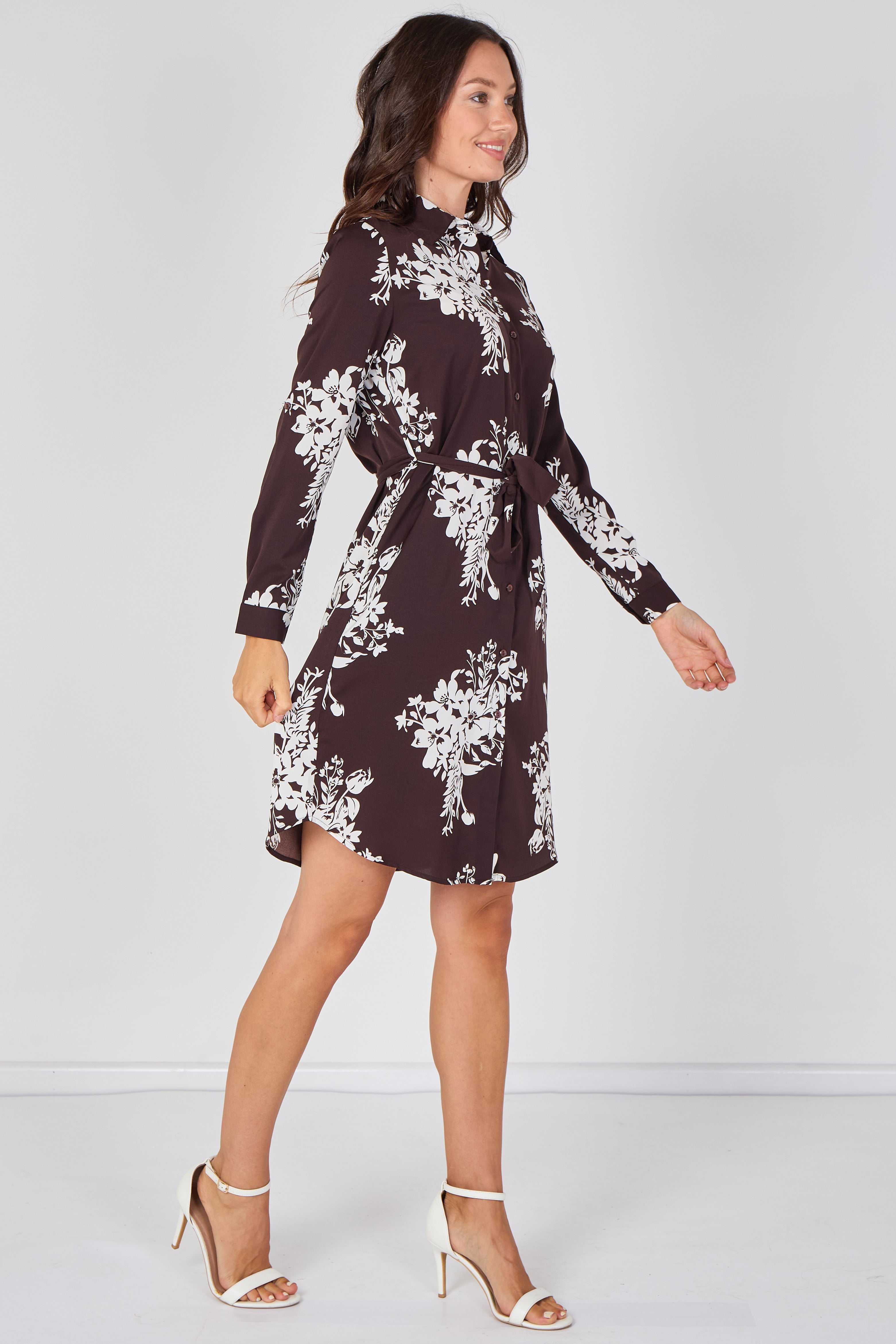 8Pcs Chocolate Ivory Bouquet Print Belted Shirt Dress