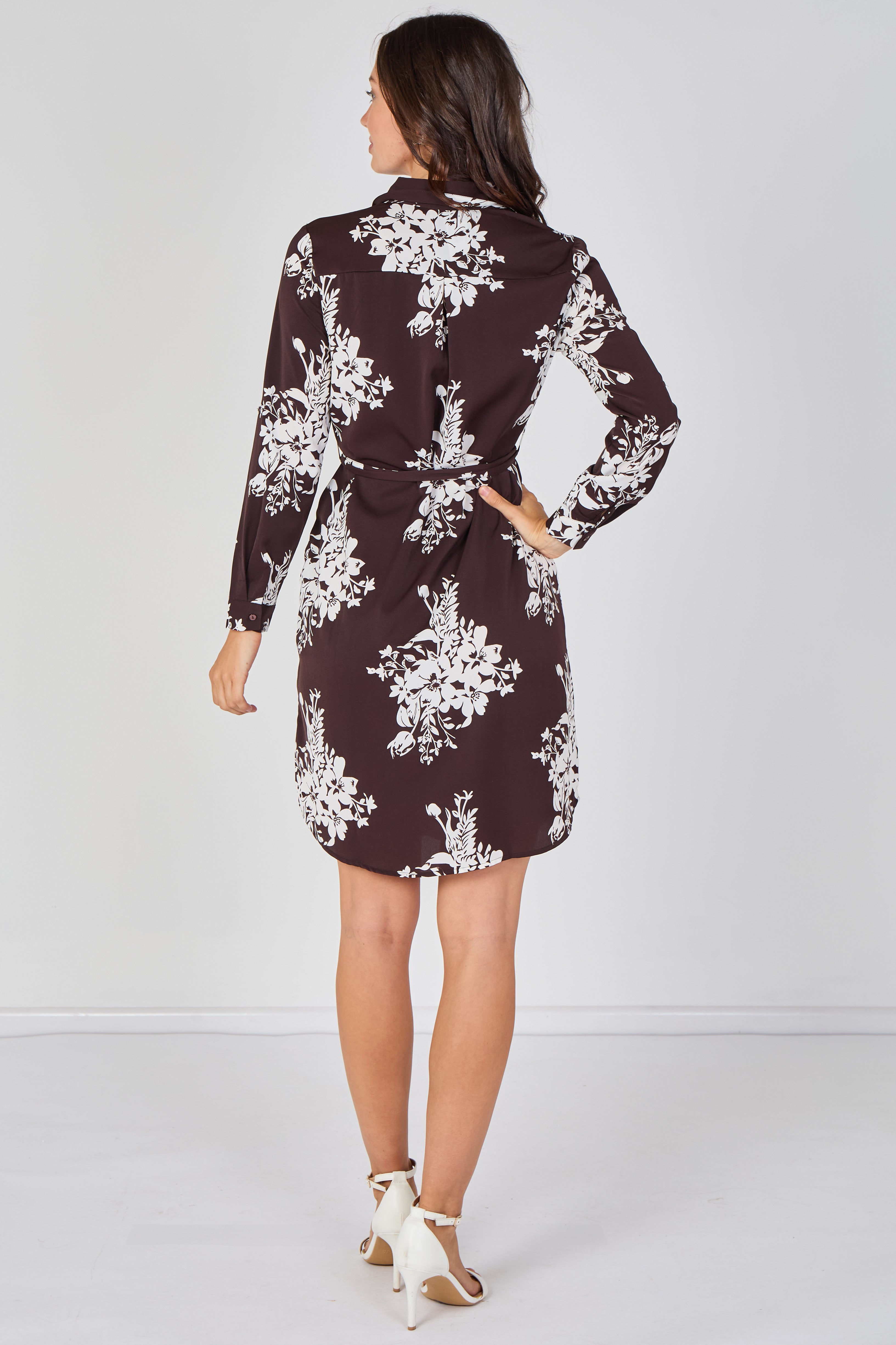 8Pcs Chocolate Ivory Bouquet Print Belted Shirt Dress