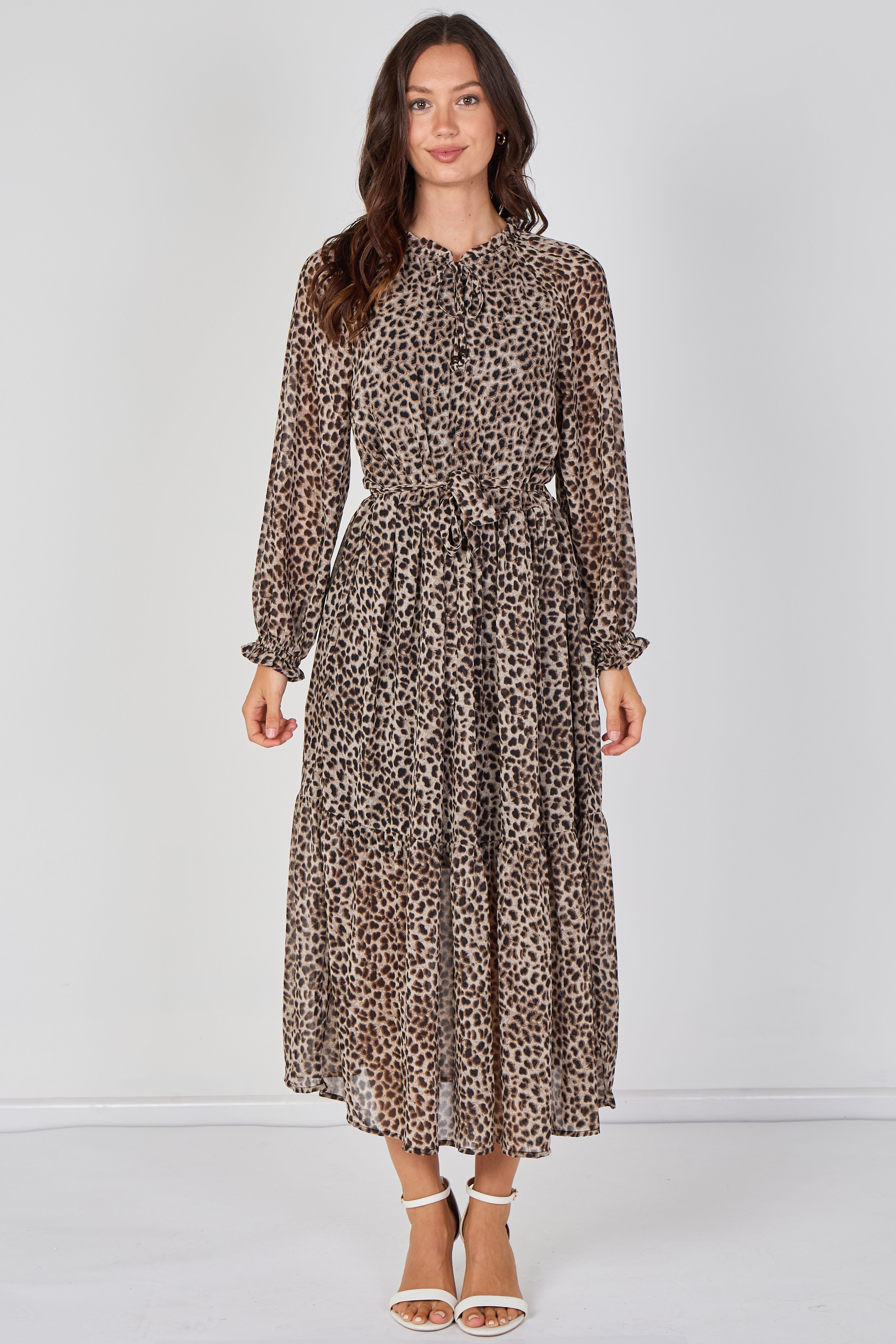 8Pcs Grey Leopard Print Chiffon Belted Maxi Dress