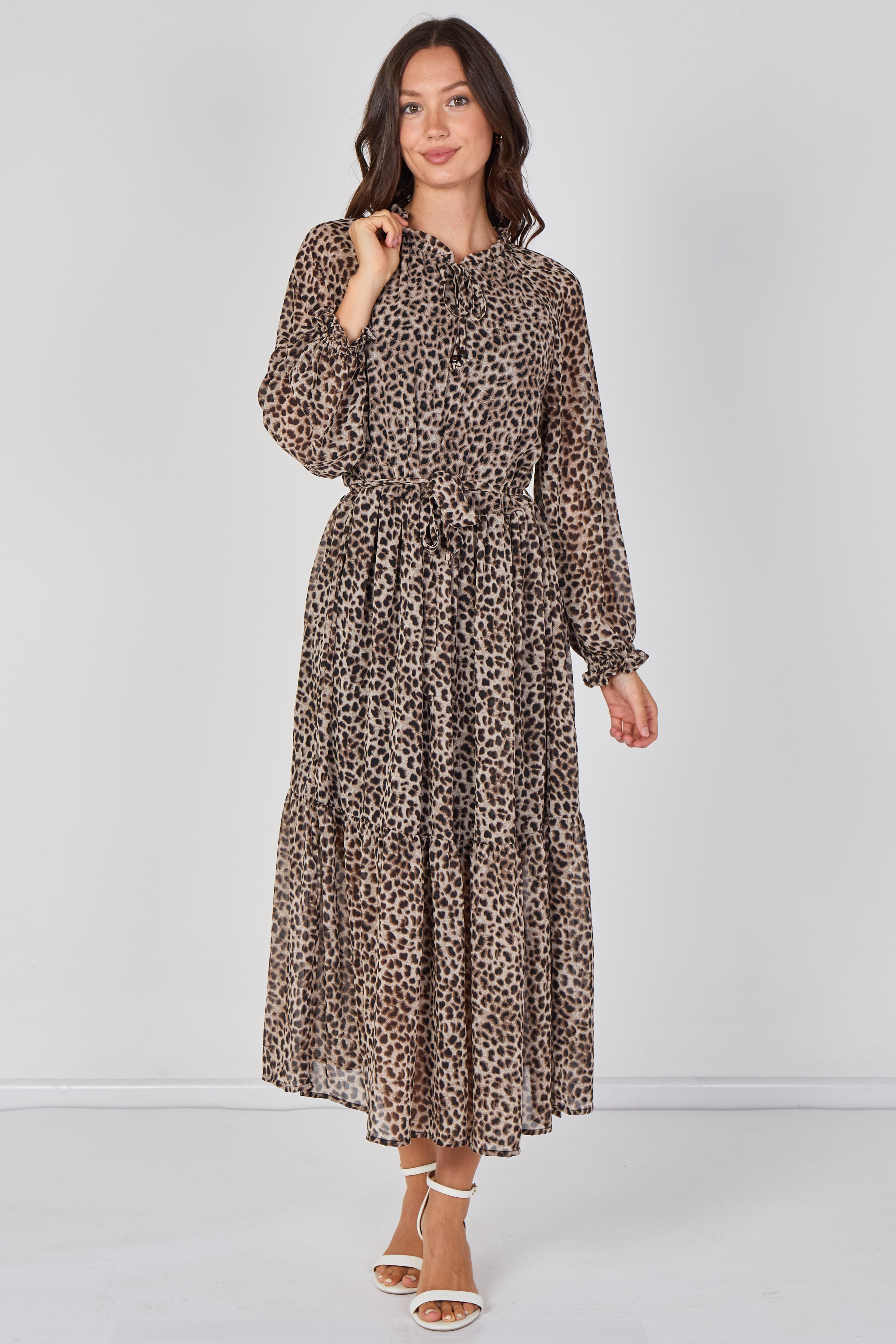 8Pcs Grey Leopard Print Chiffon Belted Maxi Dress
