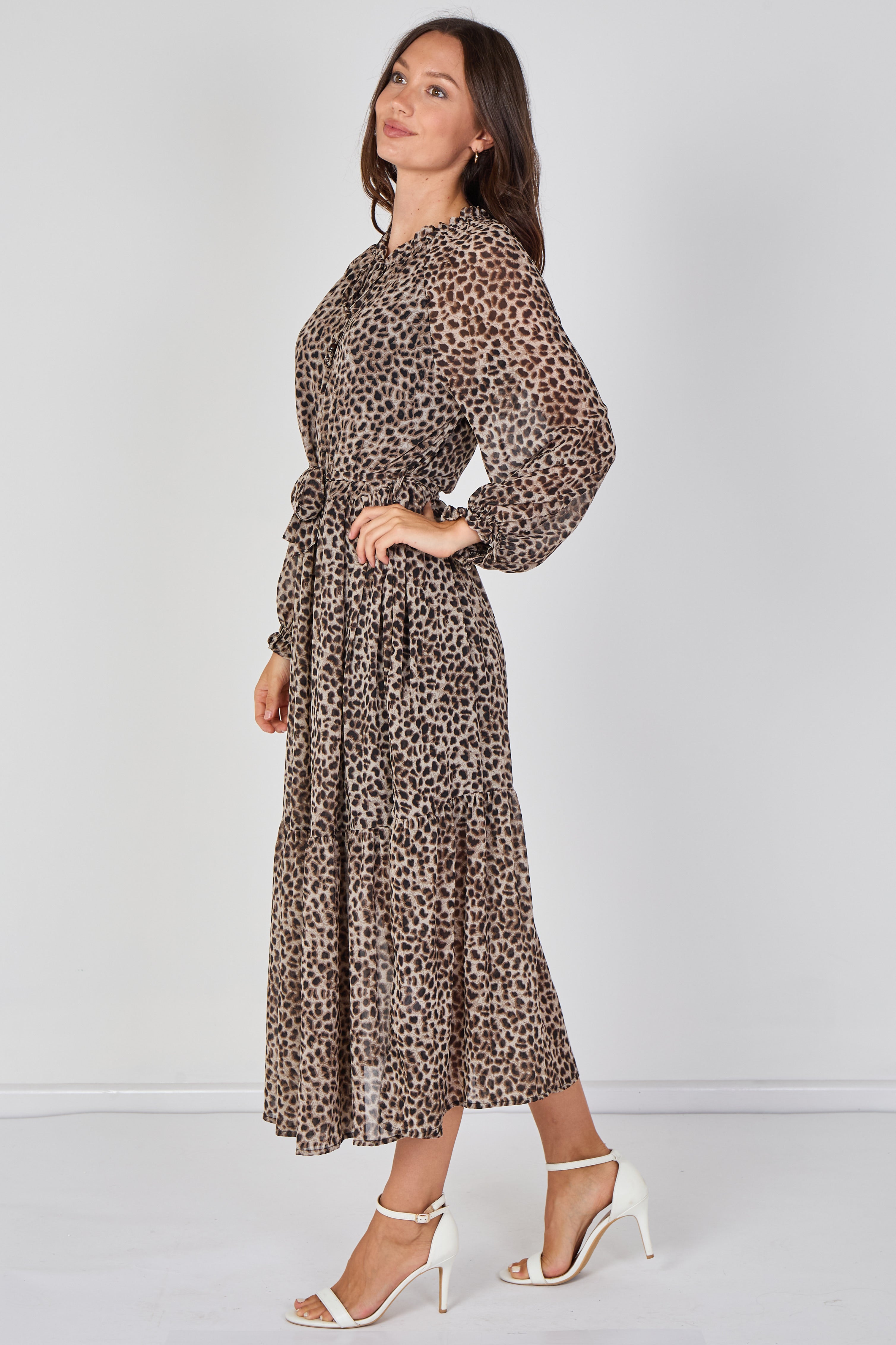 8Pcs Grey Leopard Print Chiffon Belted Maxi Dress