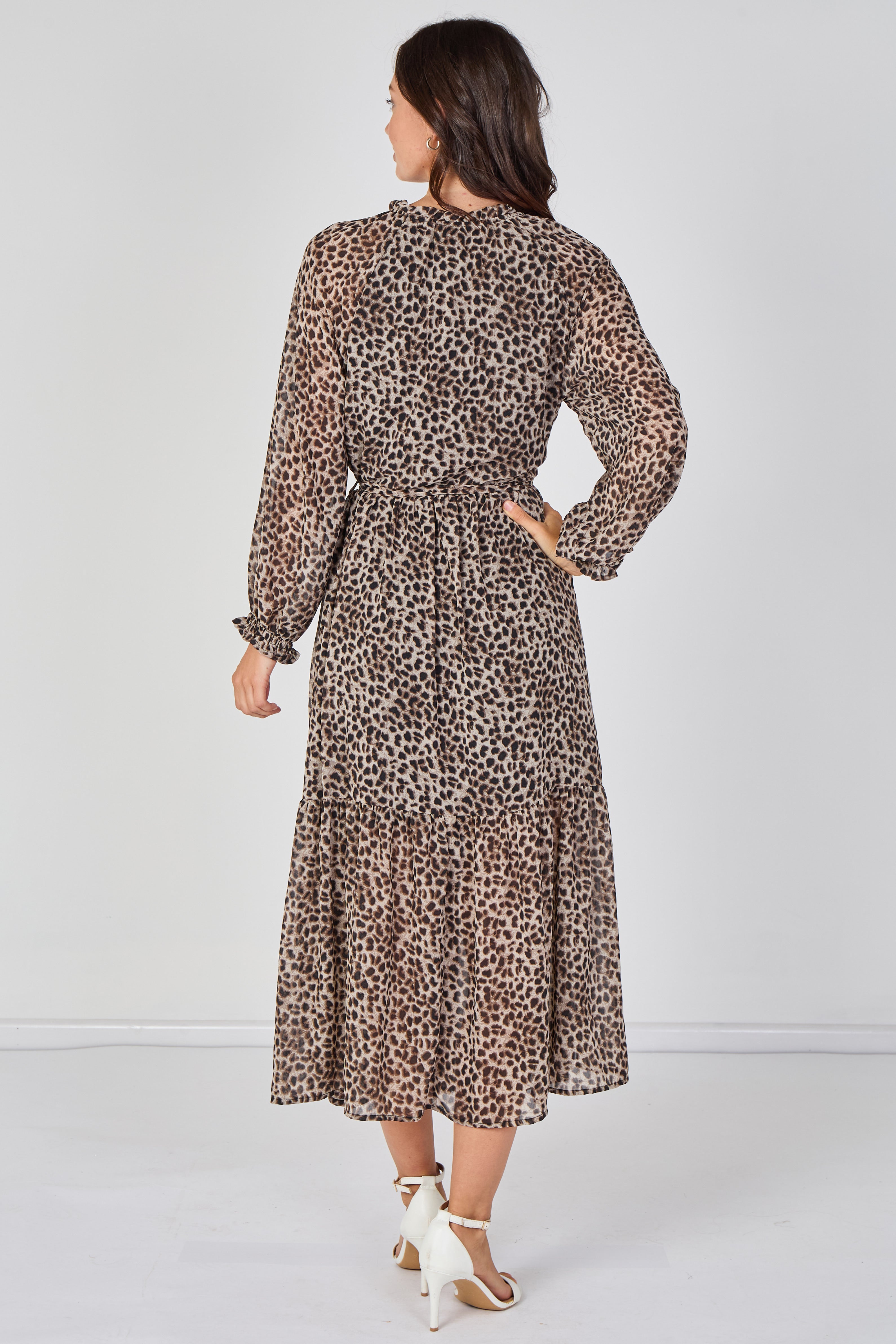 8Pcs Grey Leopard Print Chiffon Belted Maxi Dress