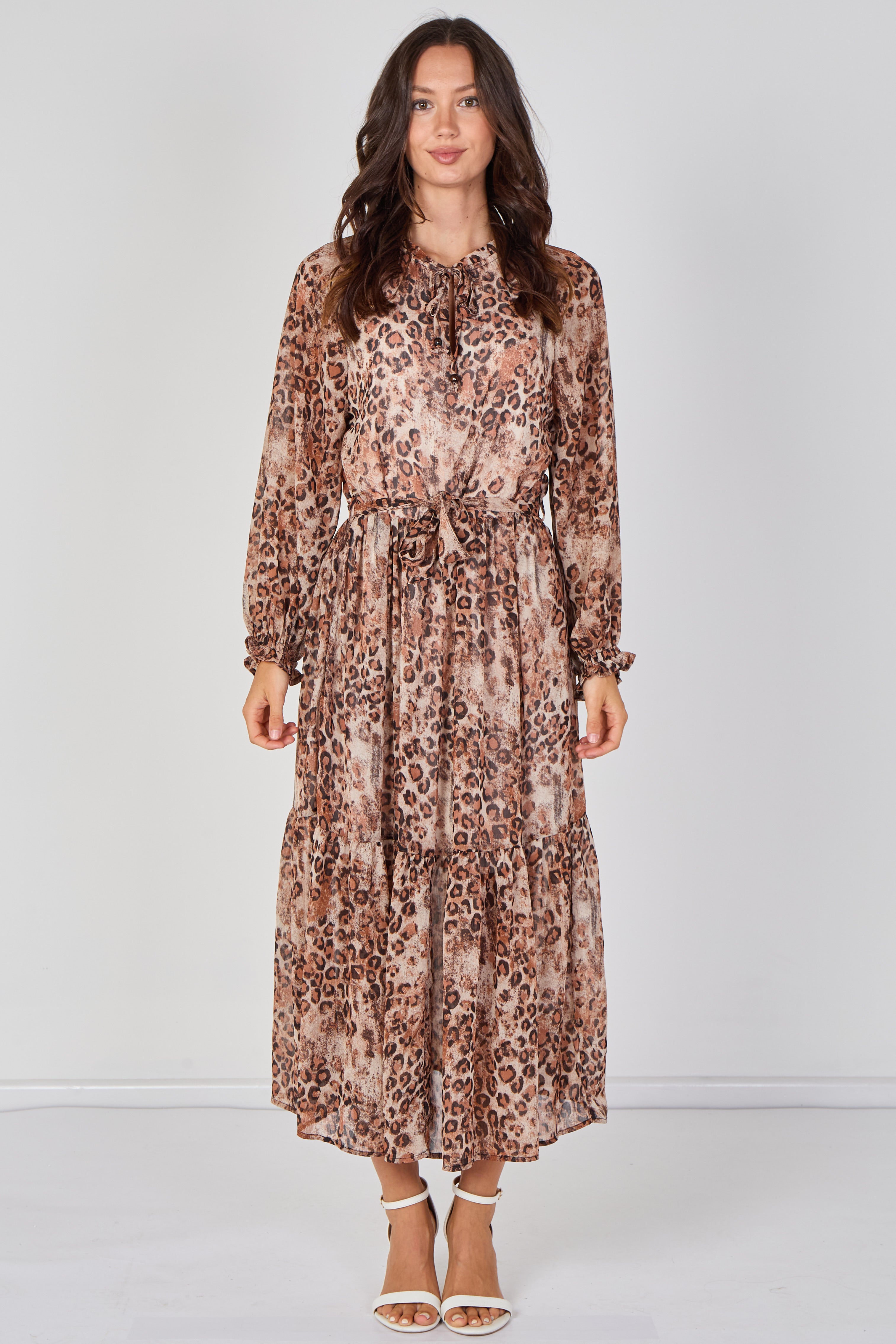8Pcs Brown Leopard Print Chiffon Belted Maxi Dress