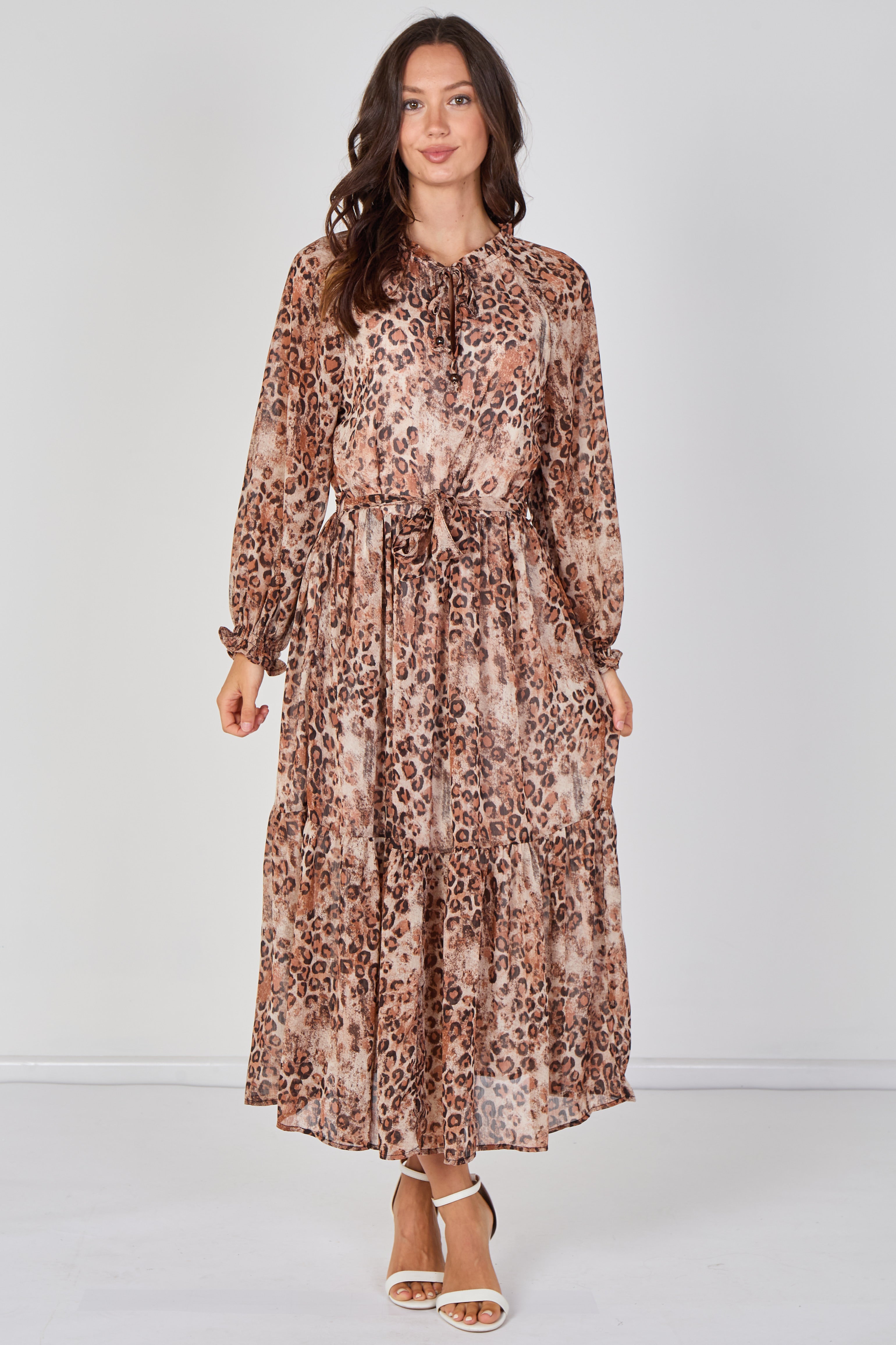 8Pcs Brown Leopard Print Chiffon Belted Maxi Dress