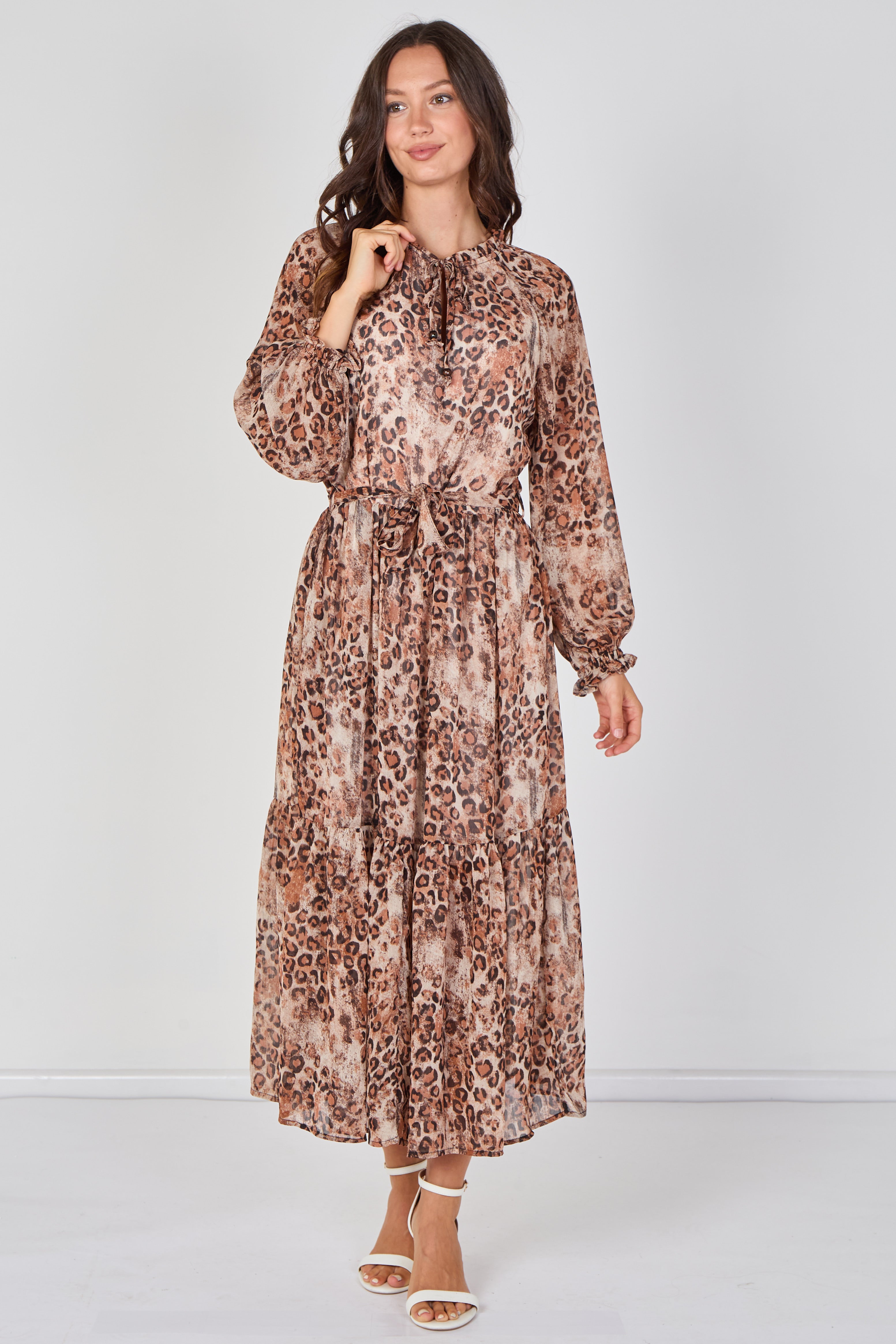 8Pcs Brown Leopard Print Chiffon Belted Maxi Dress