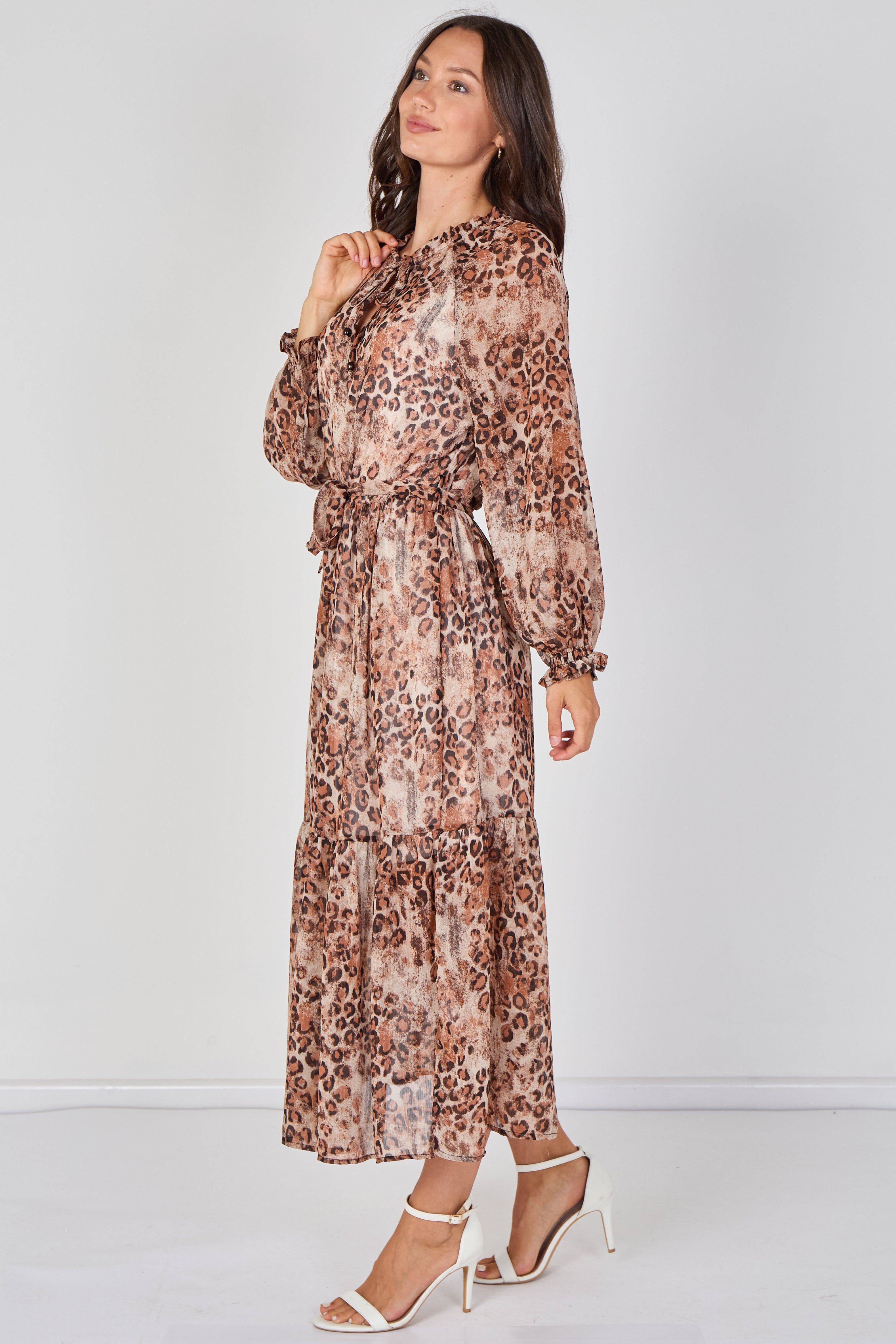 8Pcs Brown Leopard Print Chiffon Belted Maxi Dress