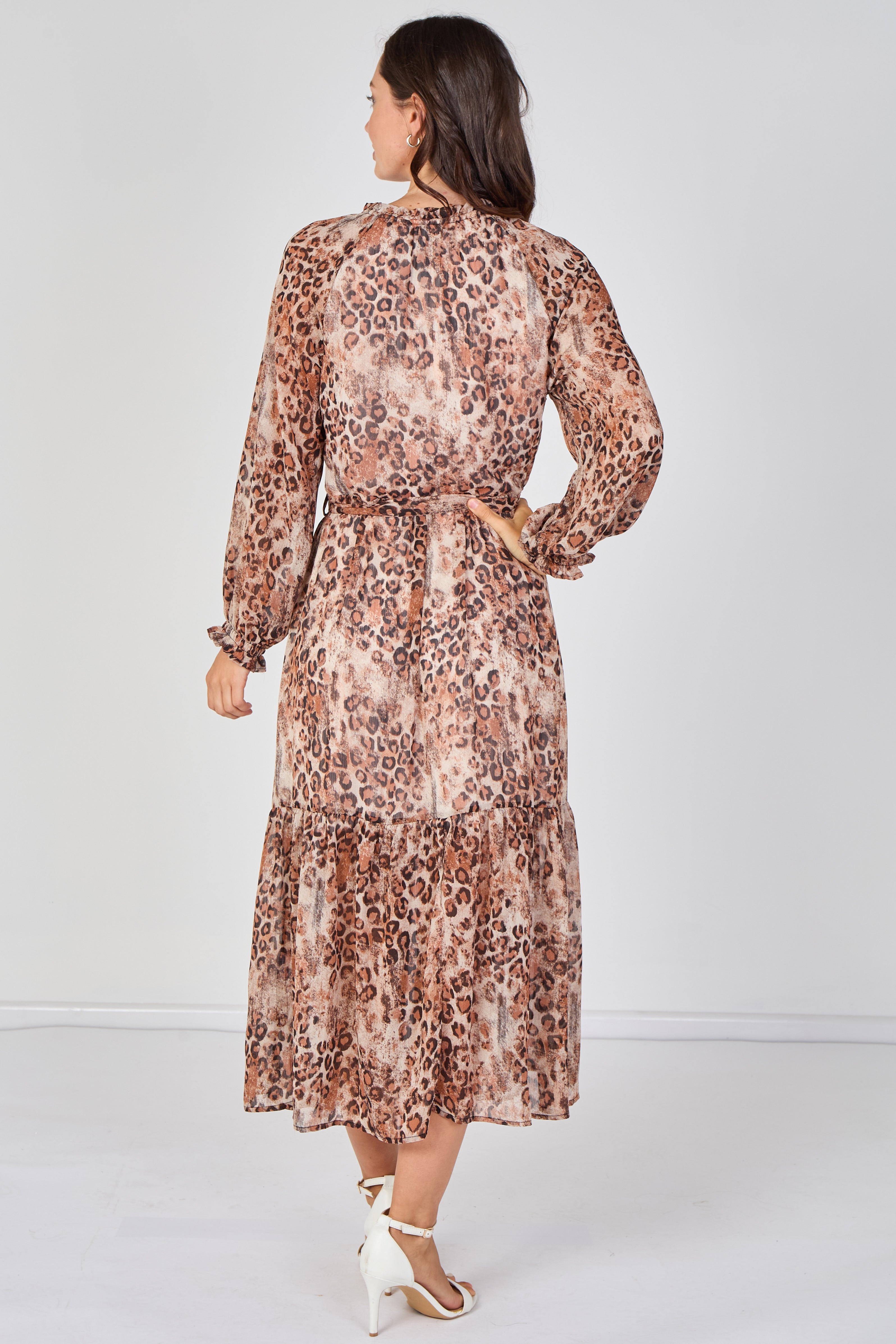 8Pcs Brown Leopard Print Chiffon Belted Maxi Dress
