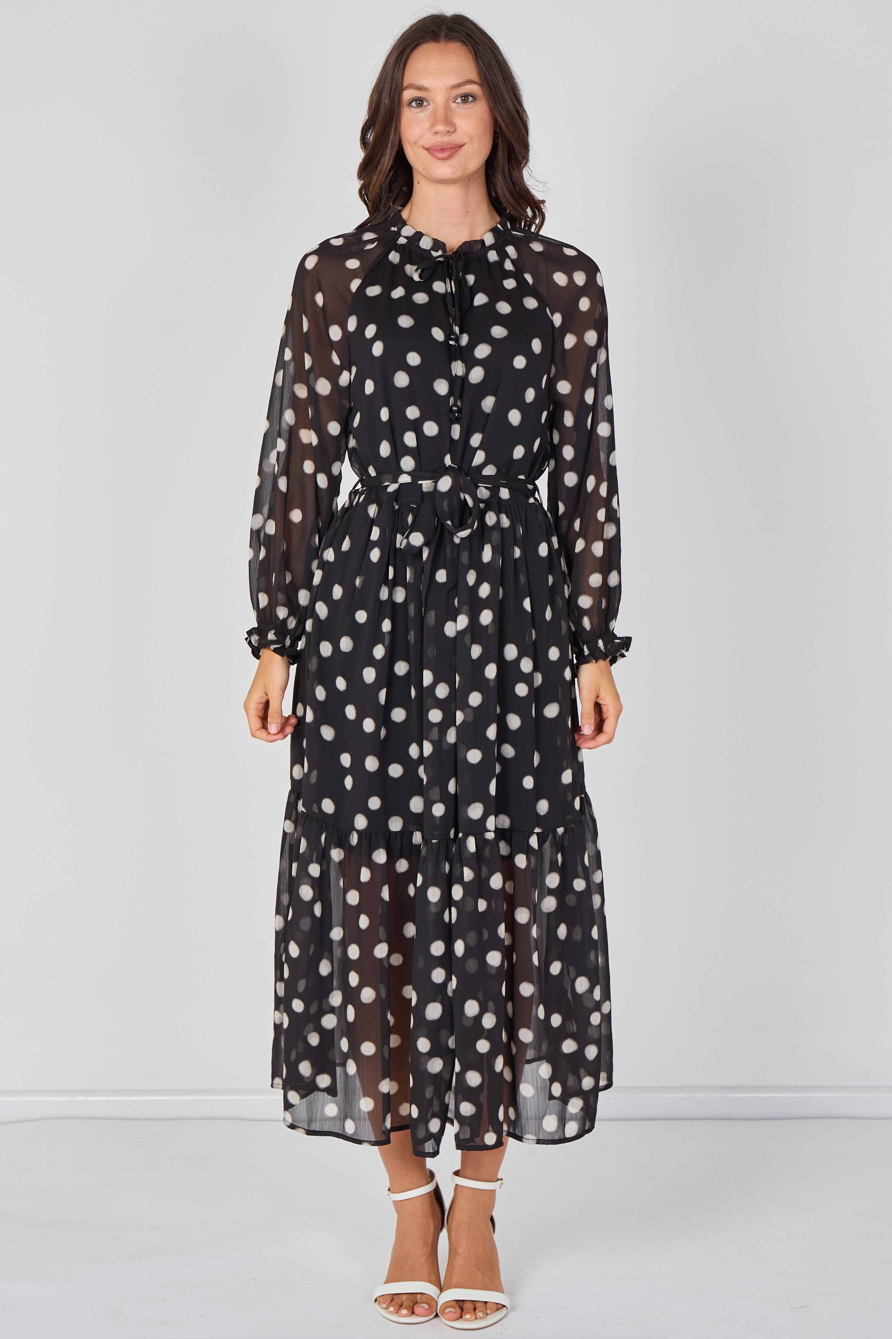 8Pcs Black Polka Dot Chiffon Belted Maxi Dress