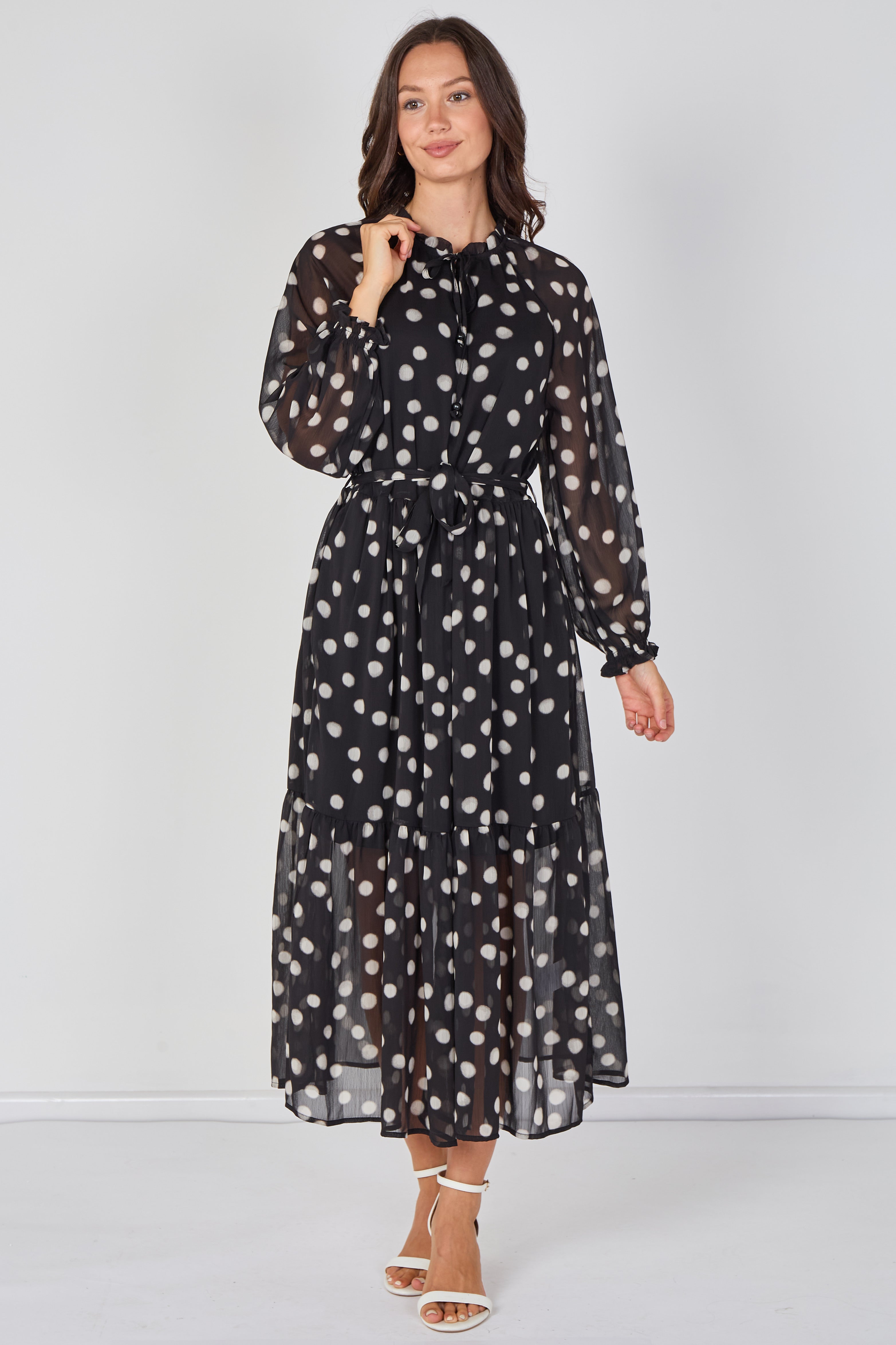 8Pcs Black Polka Dot Chiffon Belted Maxi Dress
