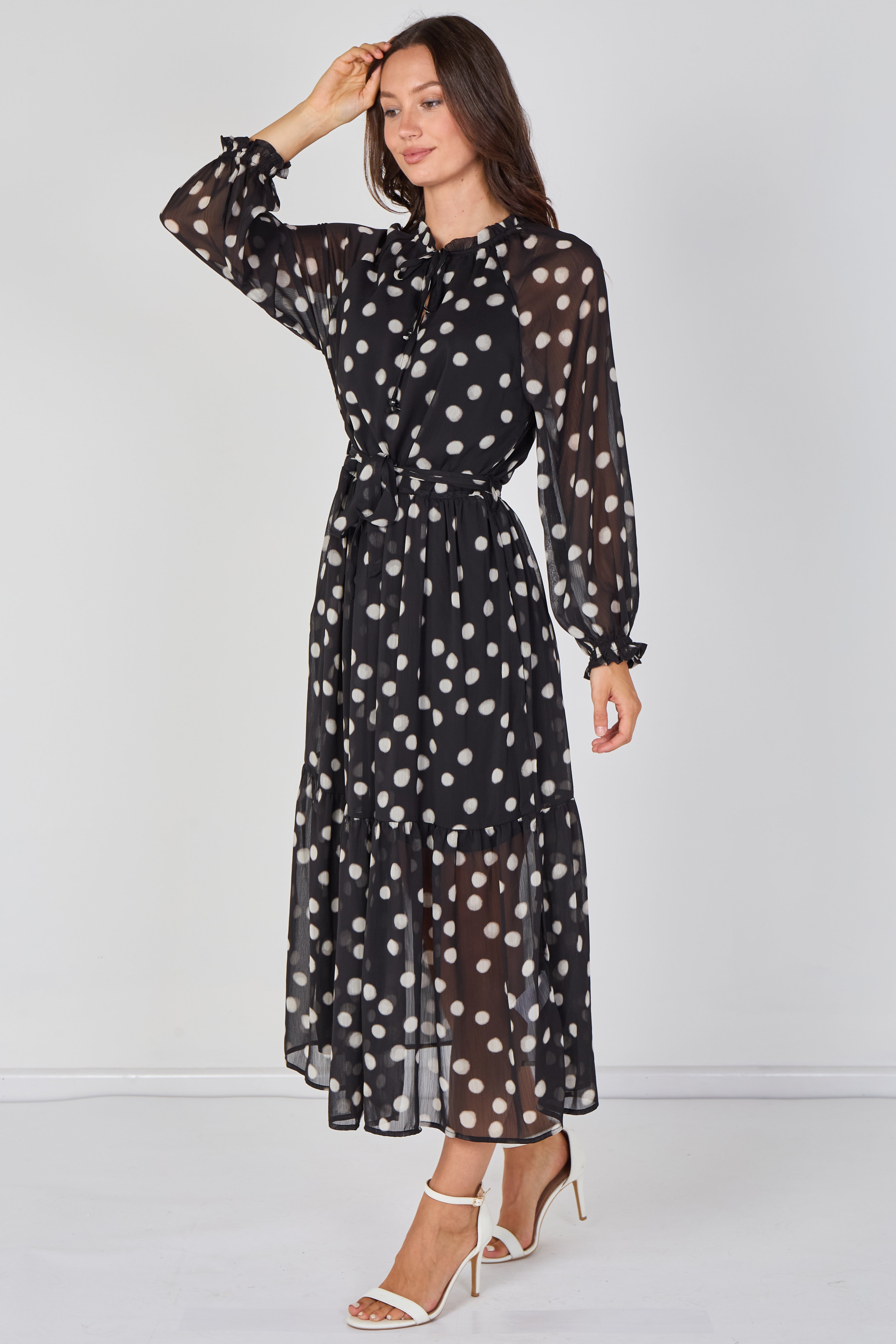 8Pcs Black Polka Dot Chiffon Belted Maxi Dress