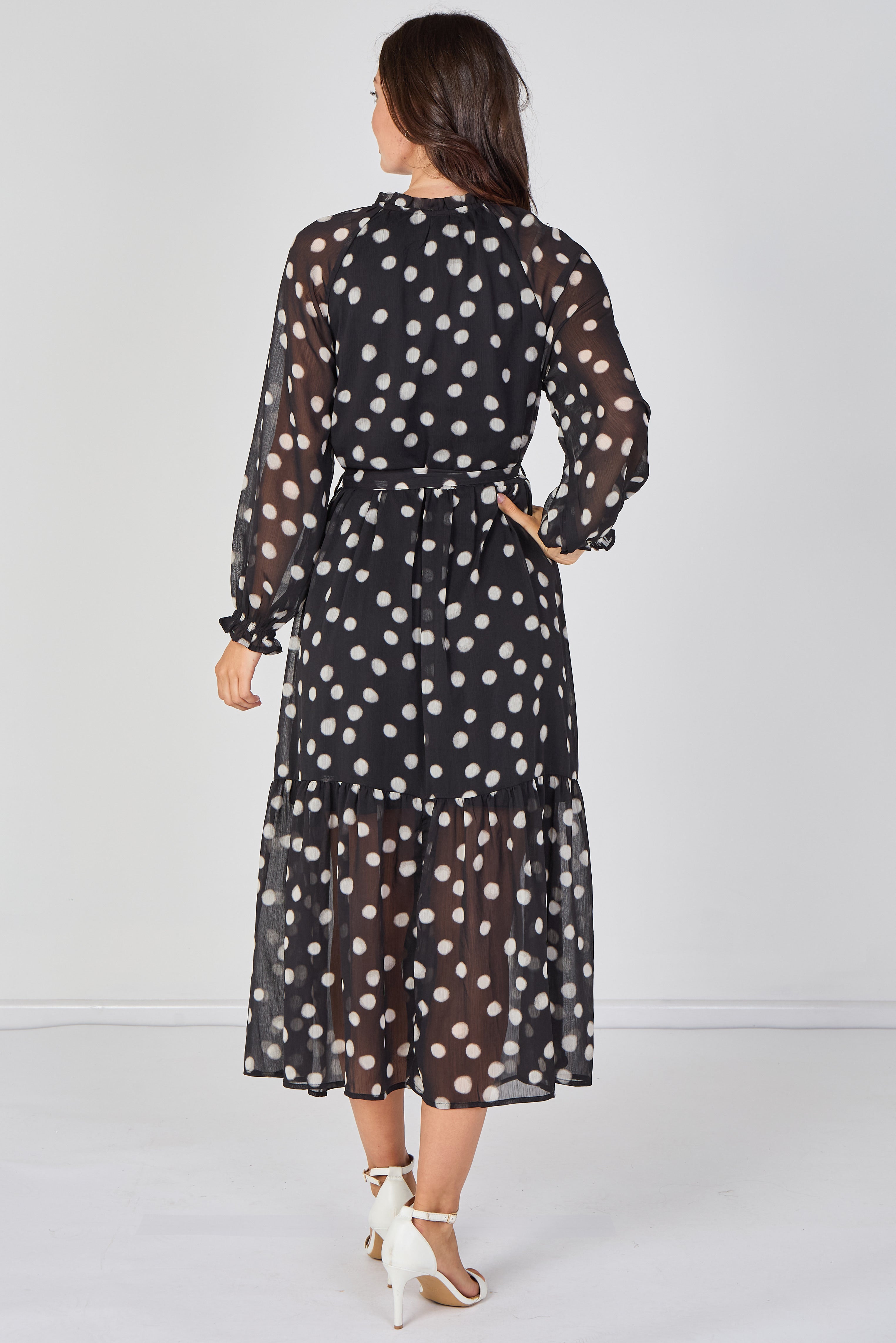 8Pcs Black Polka Dot Chiffon Belted Maxi Dress