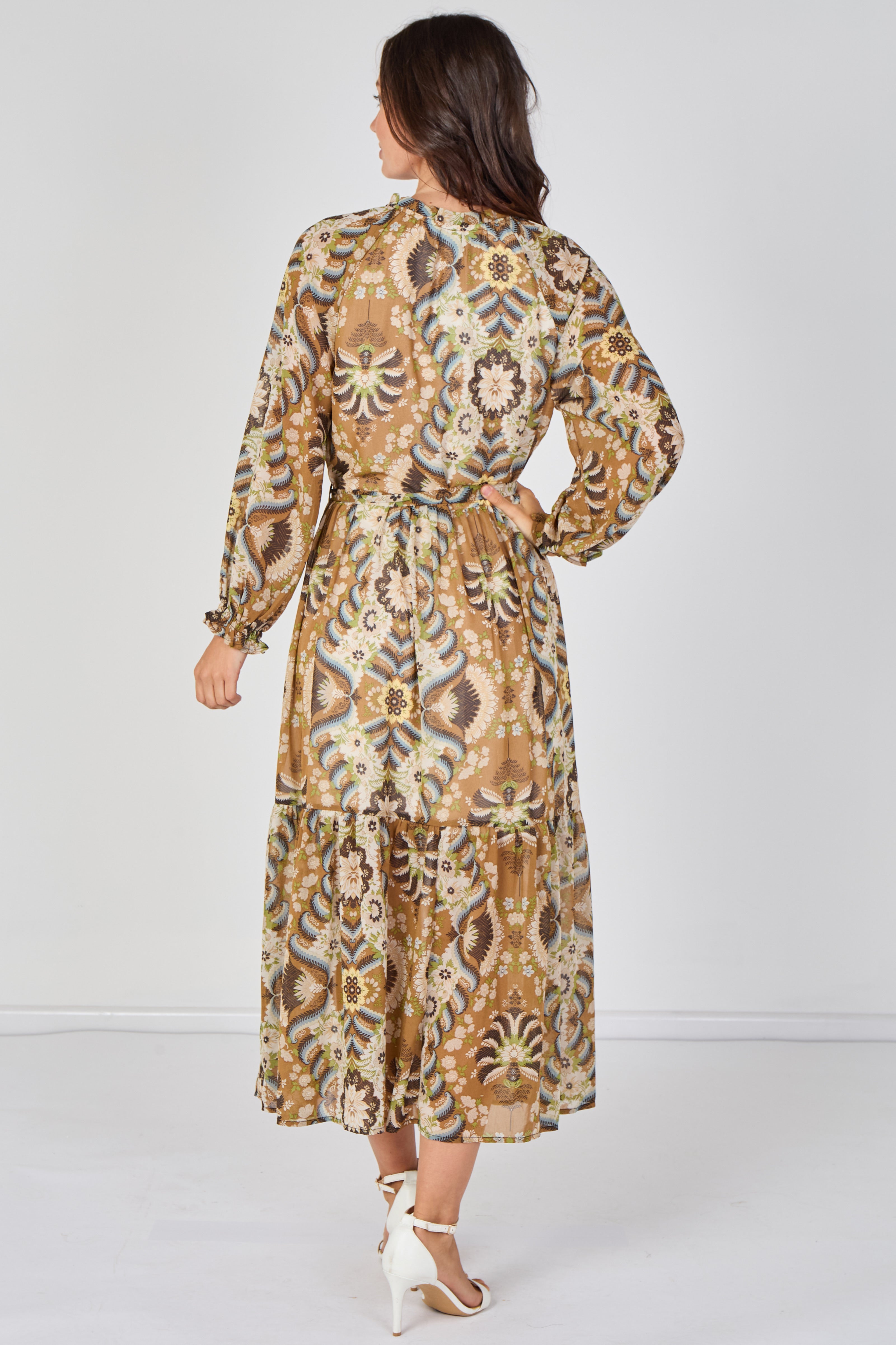 8Pcs Tan Paisley Chiffon Belted Maxi Dress