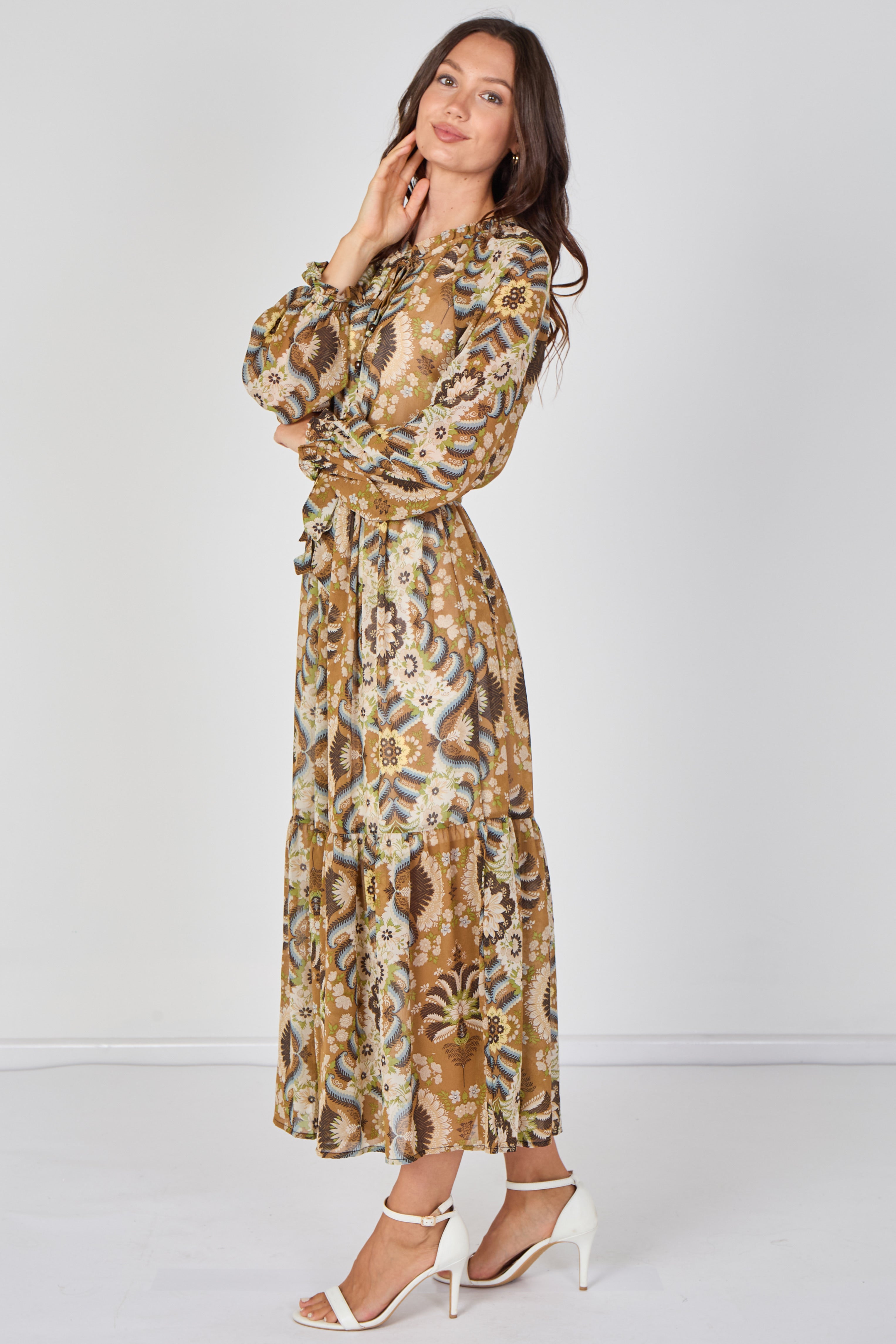 8Pcs Tan Paisley Chiffon Belted Maxi Dress