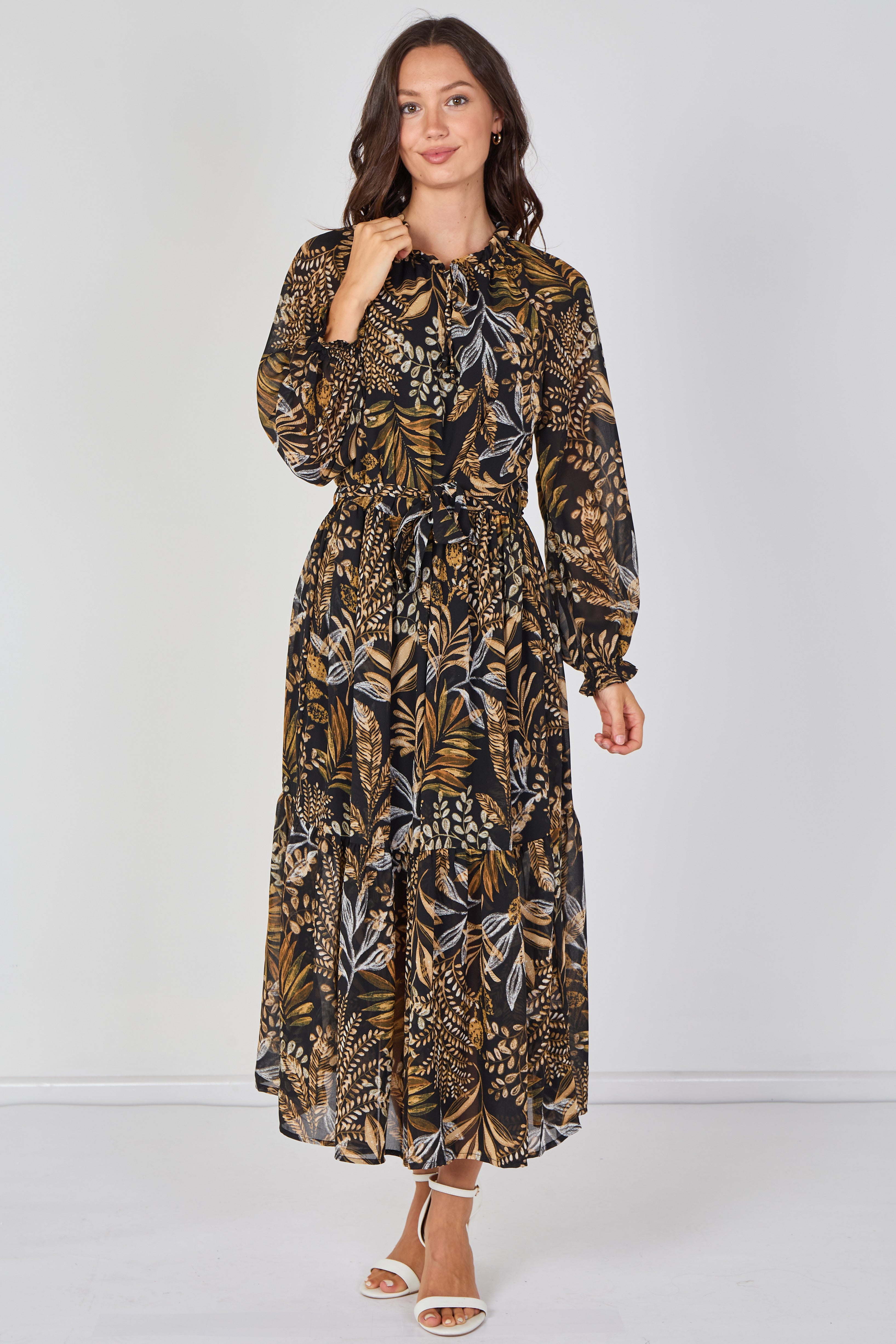 8Pcs Black Botanical Chiffon Belted Maxi Dress
