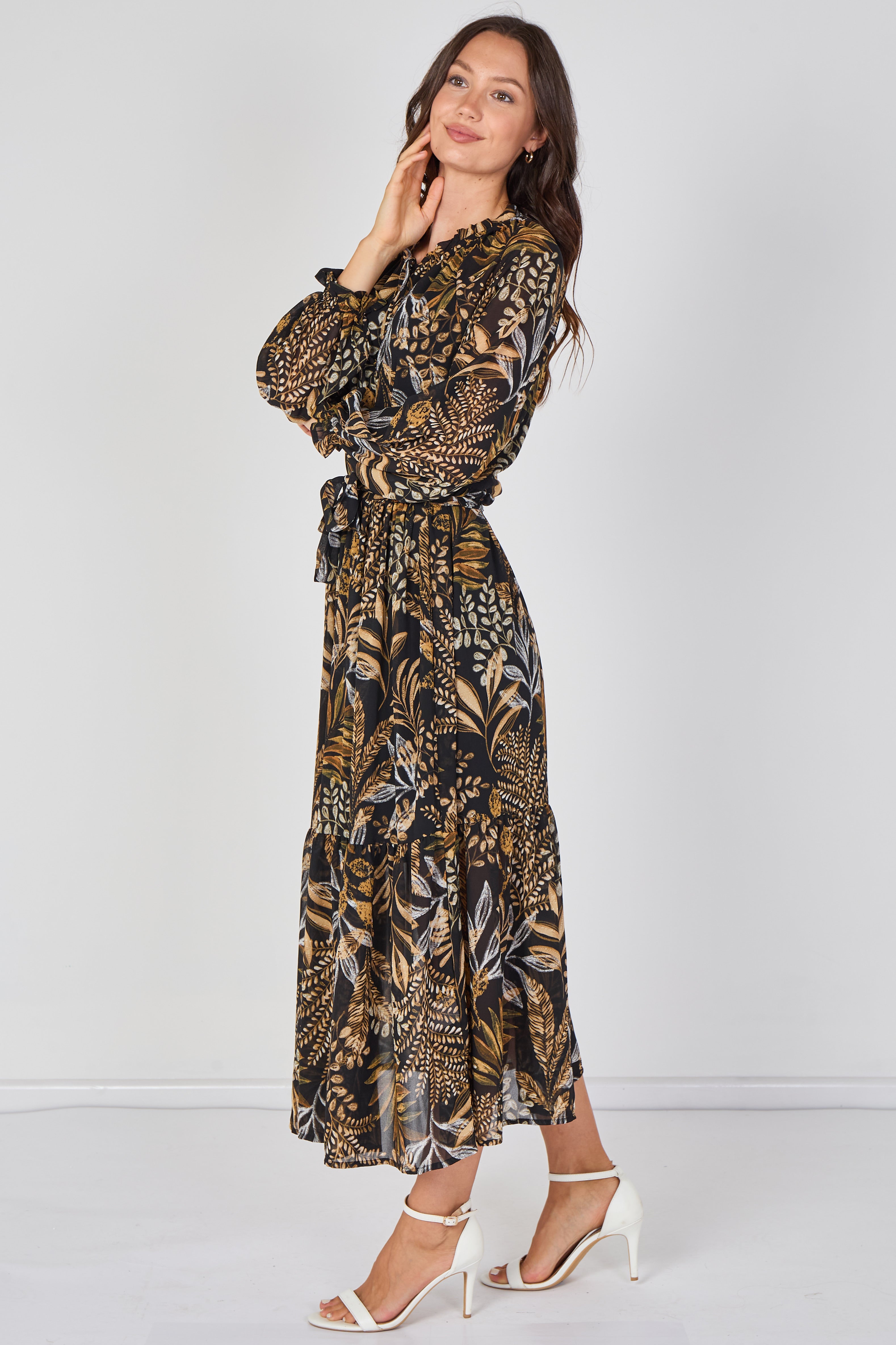 8Pcs Black Botanical Chiffon Belted Maxi Dress