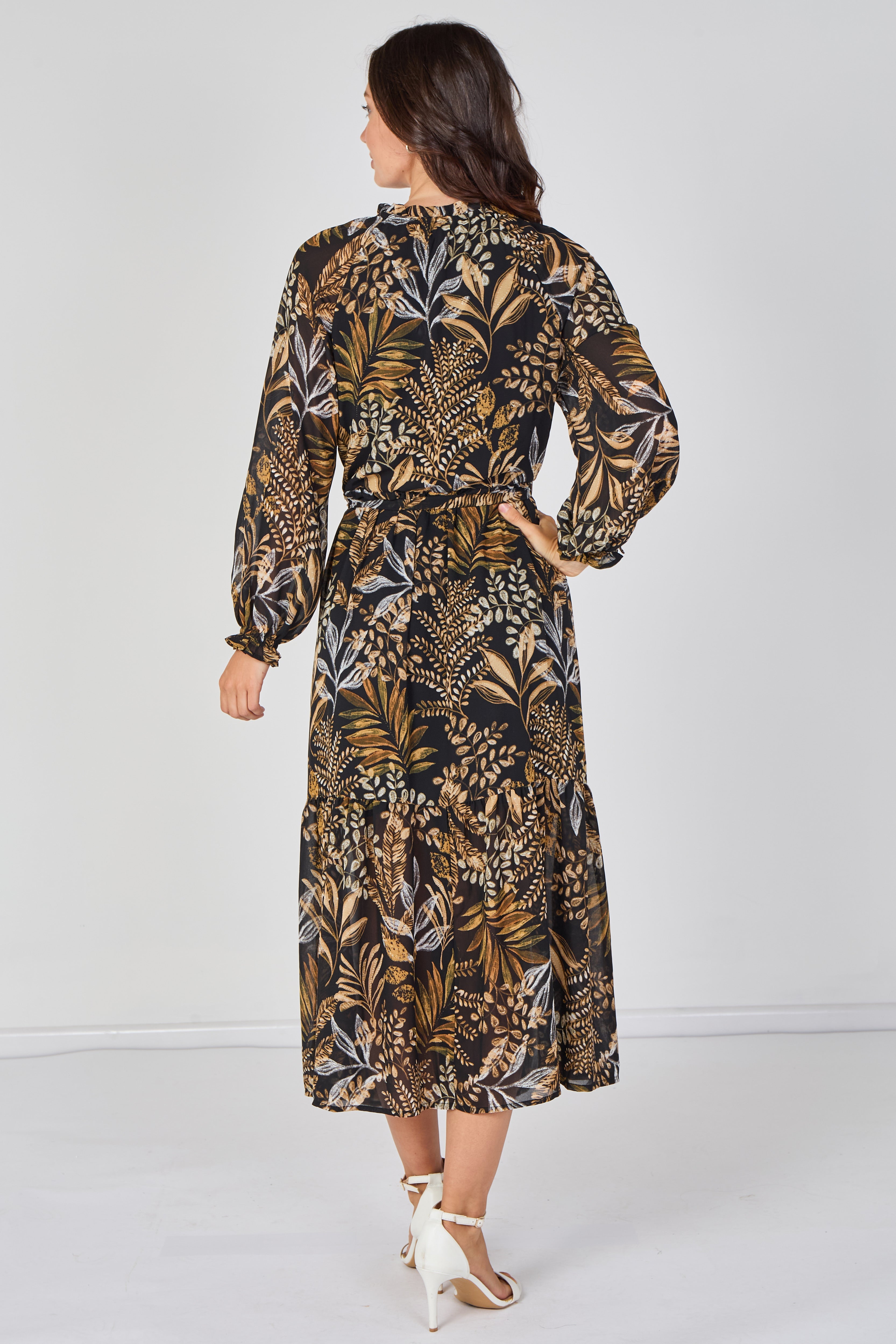 8Pcs Black Botanical Chiffon Belted Maxi Dress