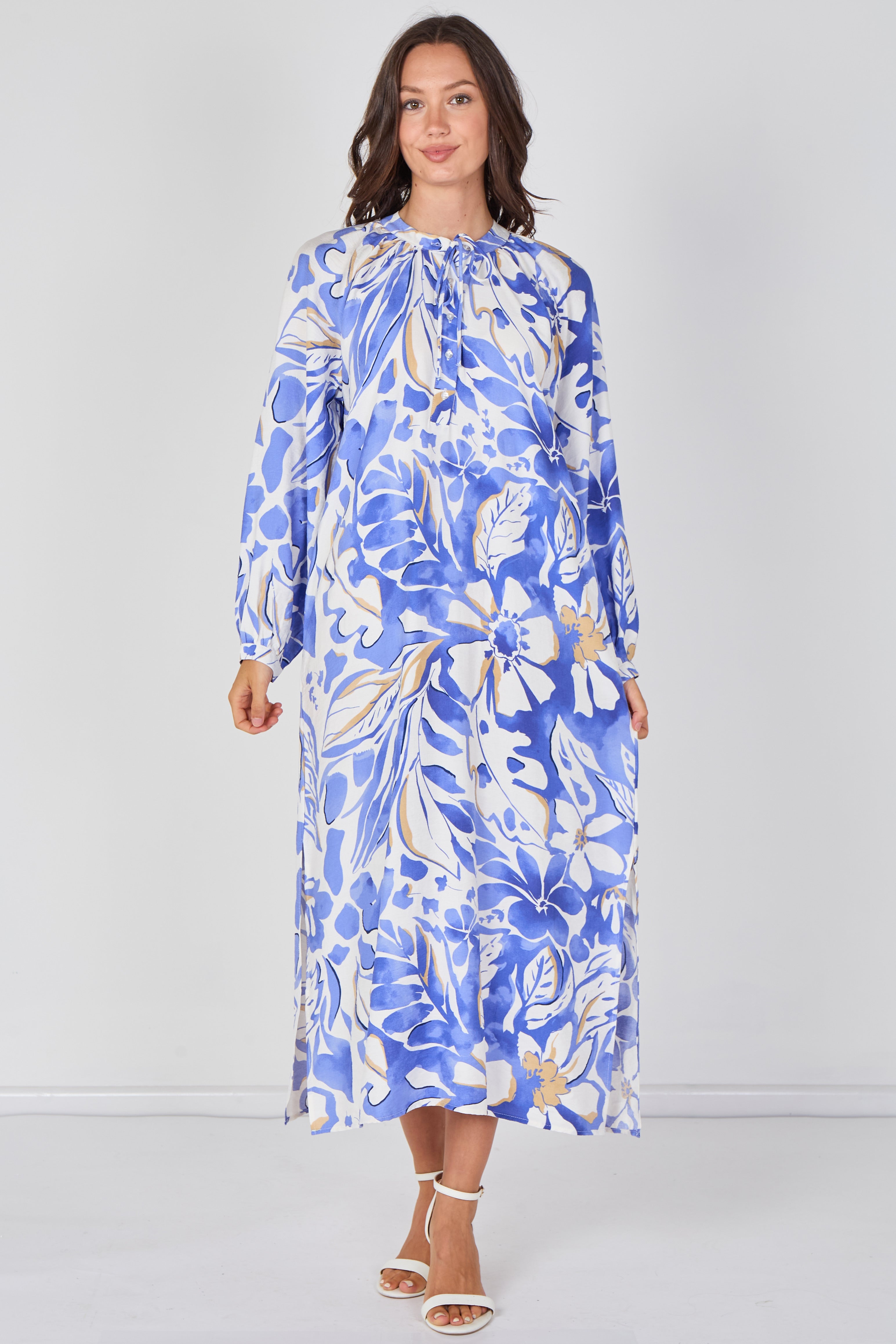 8Pcs Blue Tropical Leaf Print Maxi Dress