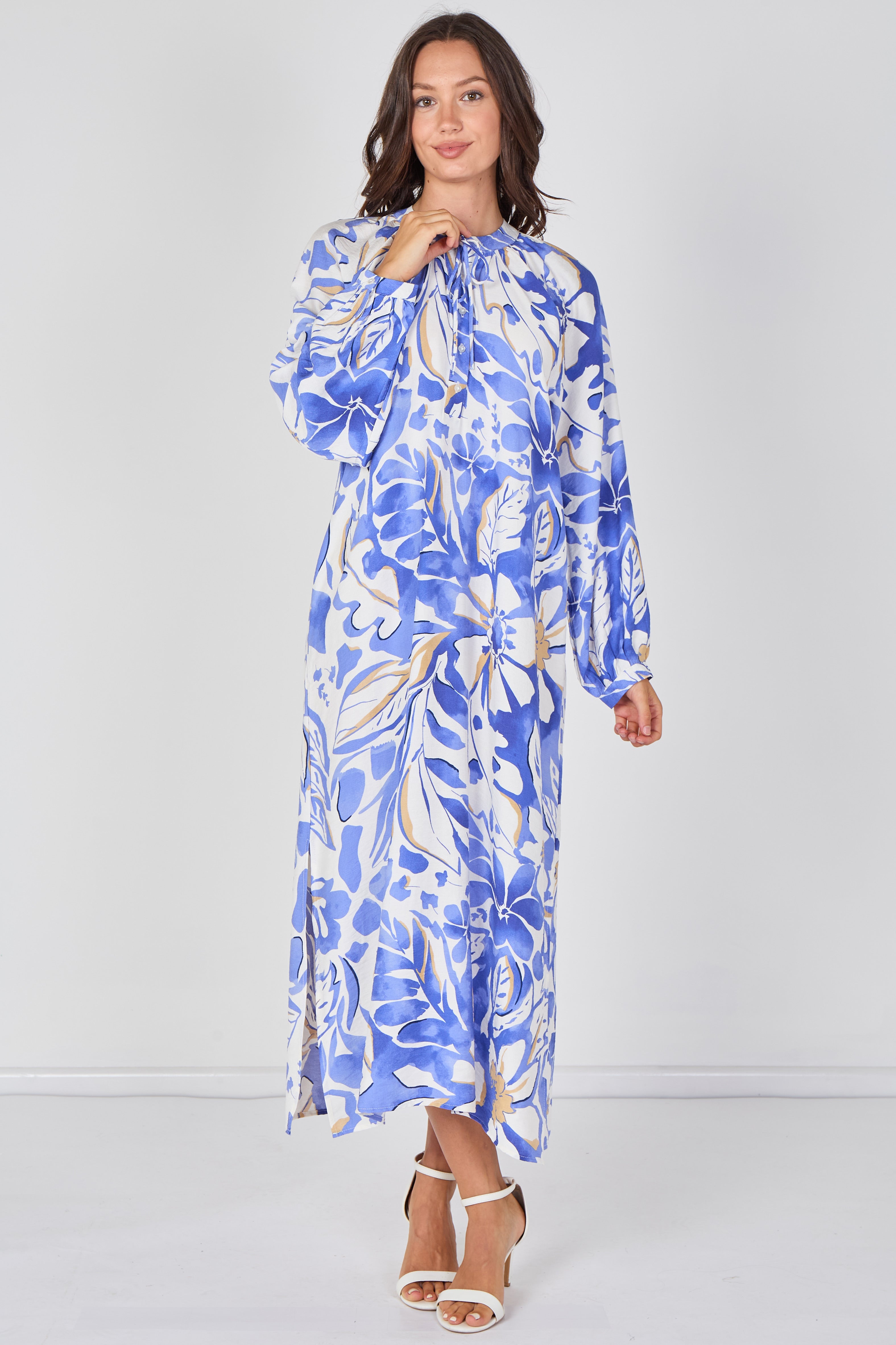 8Pcs Blue Tropical Leaf Print Maxi Dress