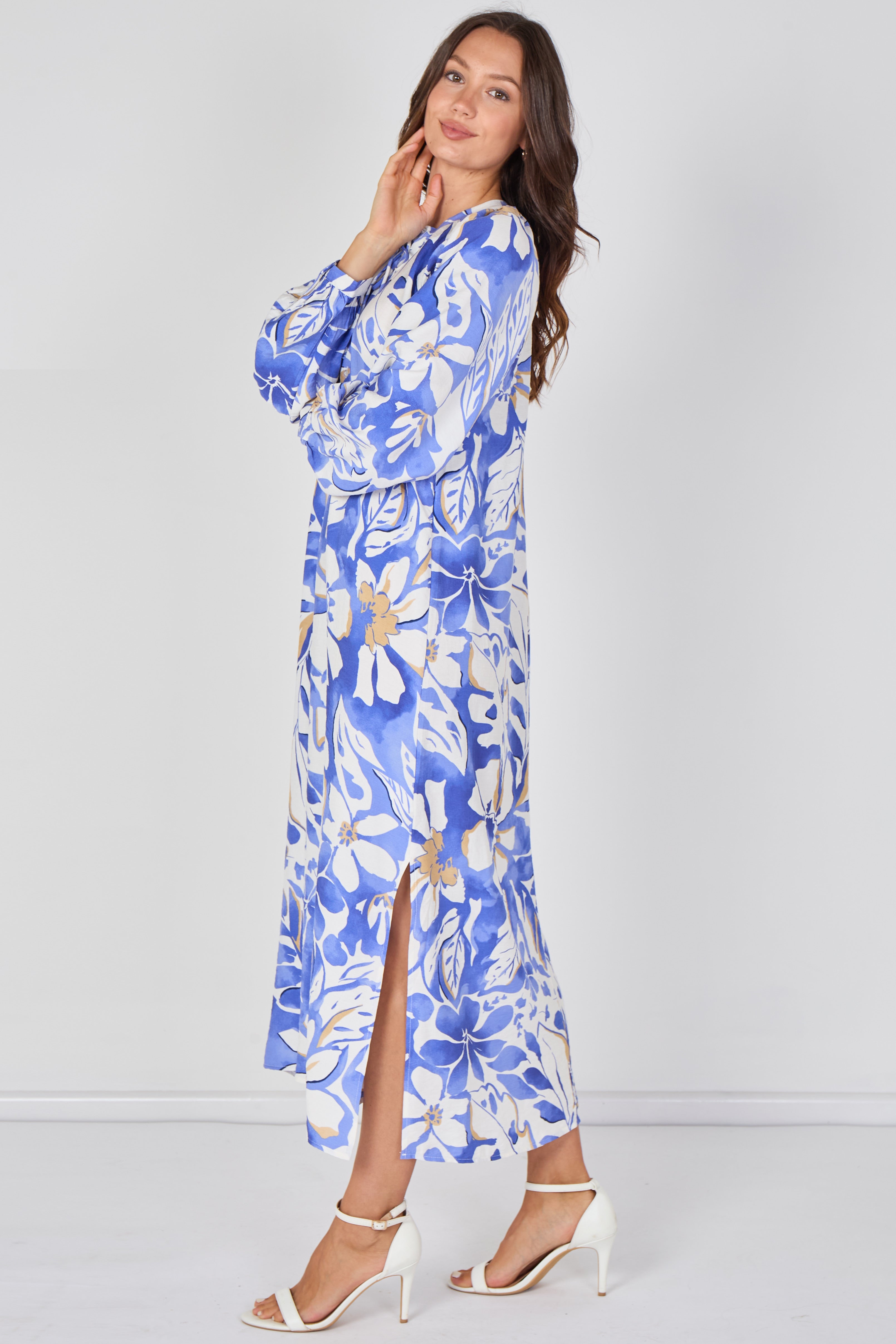 8Pcs Blue Tropical Leaf Print Maxi Dress
