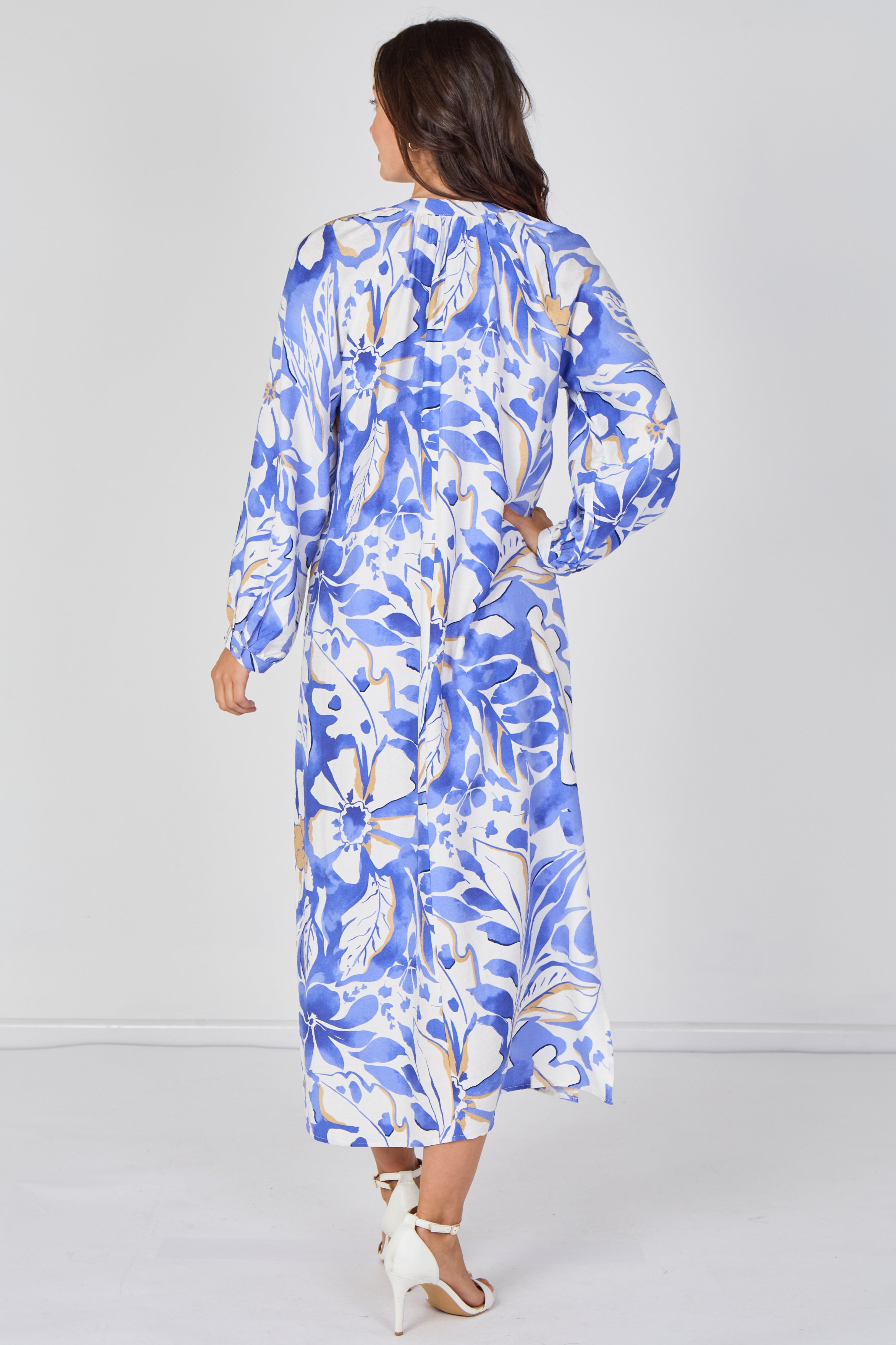 8Pcs Blue Tropical Leaf Print Maxi Dress