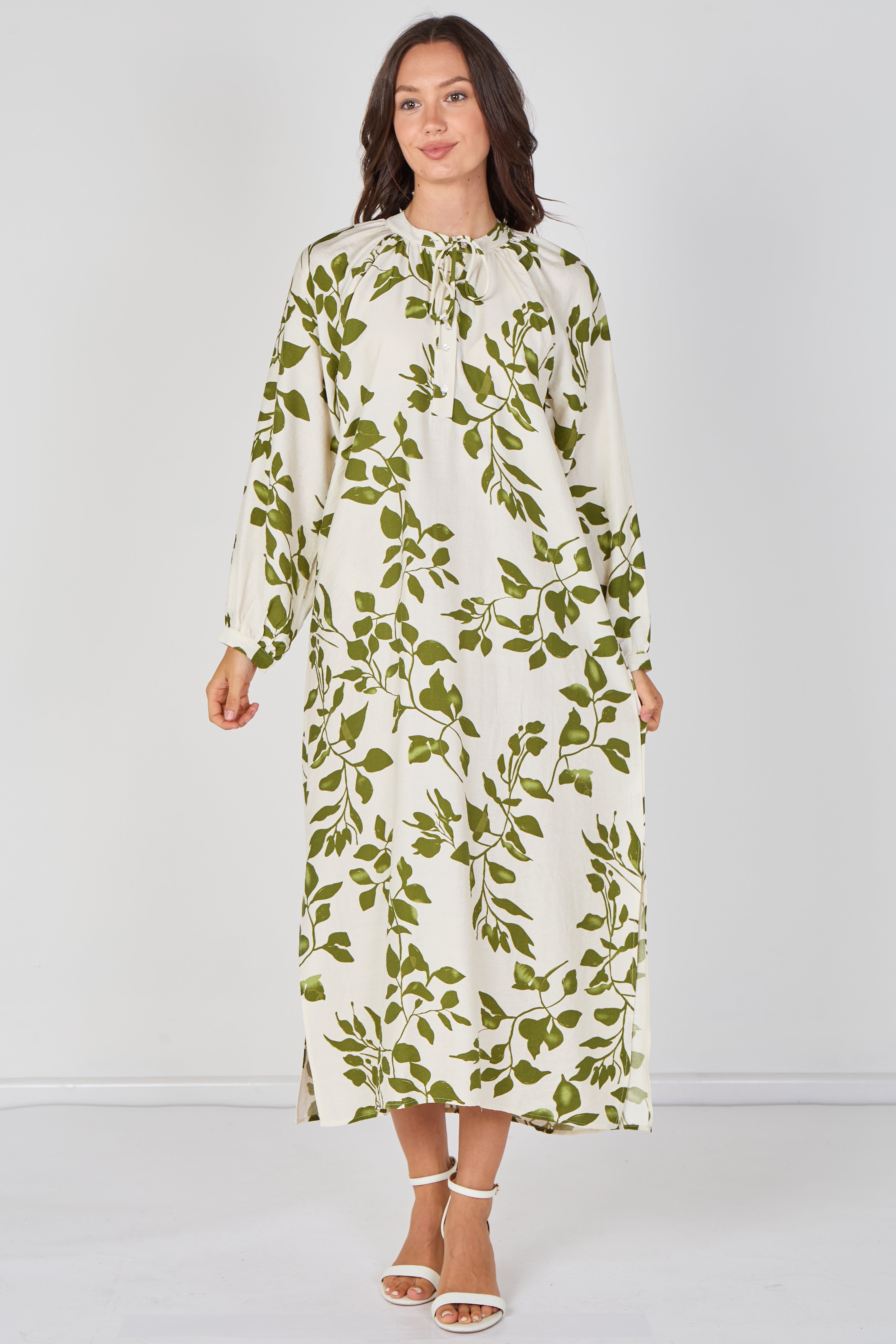 8Pcs Ivory and Olive Leaf Print Maxi Dress